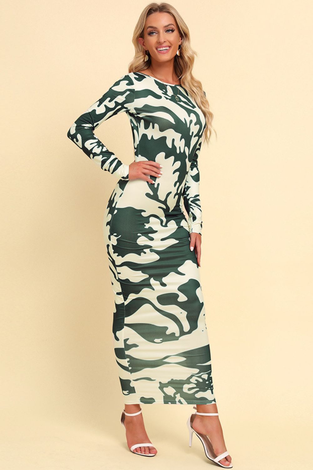 Printed Backless Long Sleeve Maxi Dress BLUE ZONE PLANET