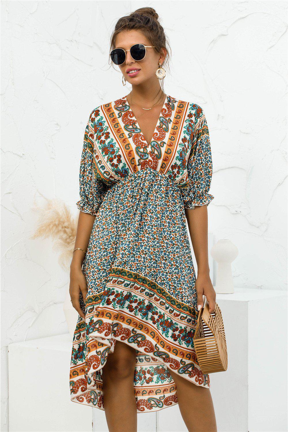 Printed Bohemian V Neck Dress BLUE ZONE PLANET