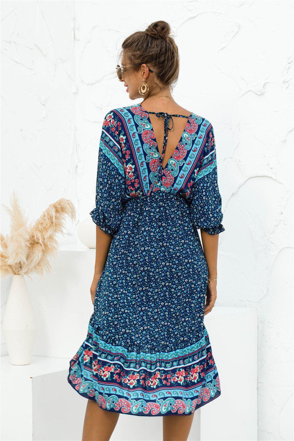 Printed Bohemian V Neck Dress BLUE ZONE PLANET