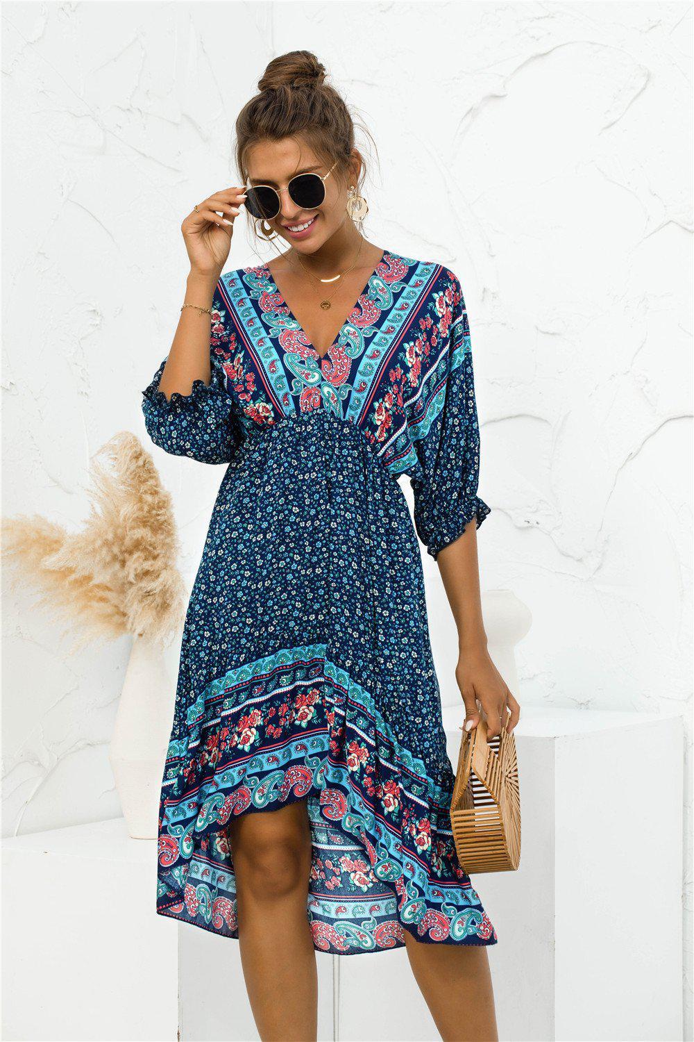 Printed Bohemian V Neck Dress BLUE ZONE PLANET