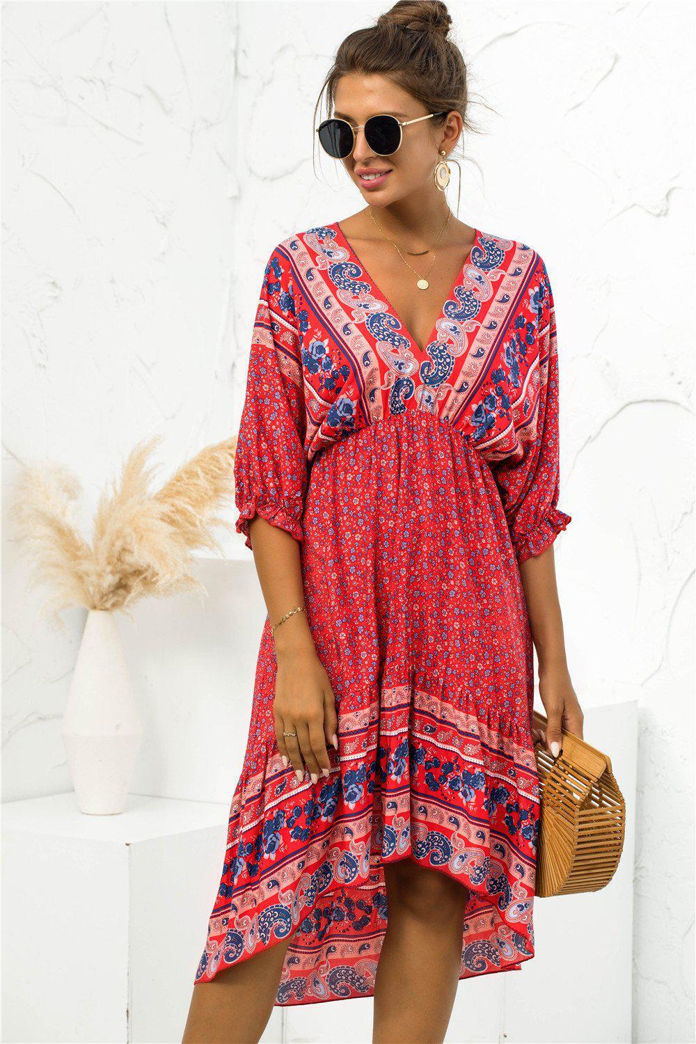 Printed Bohemian V Neck Dress BLUE ZONE PLANET
