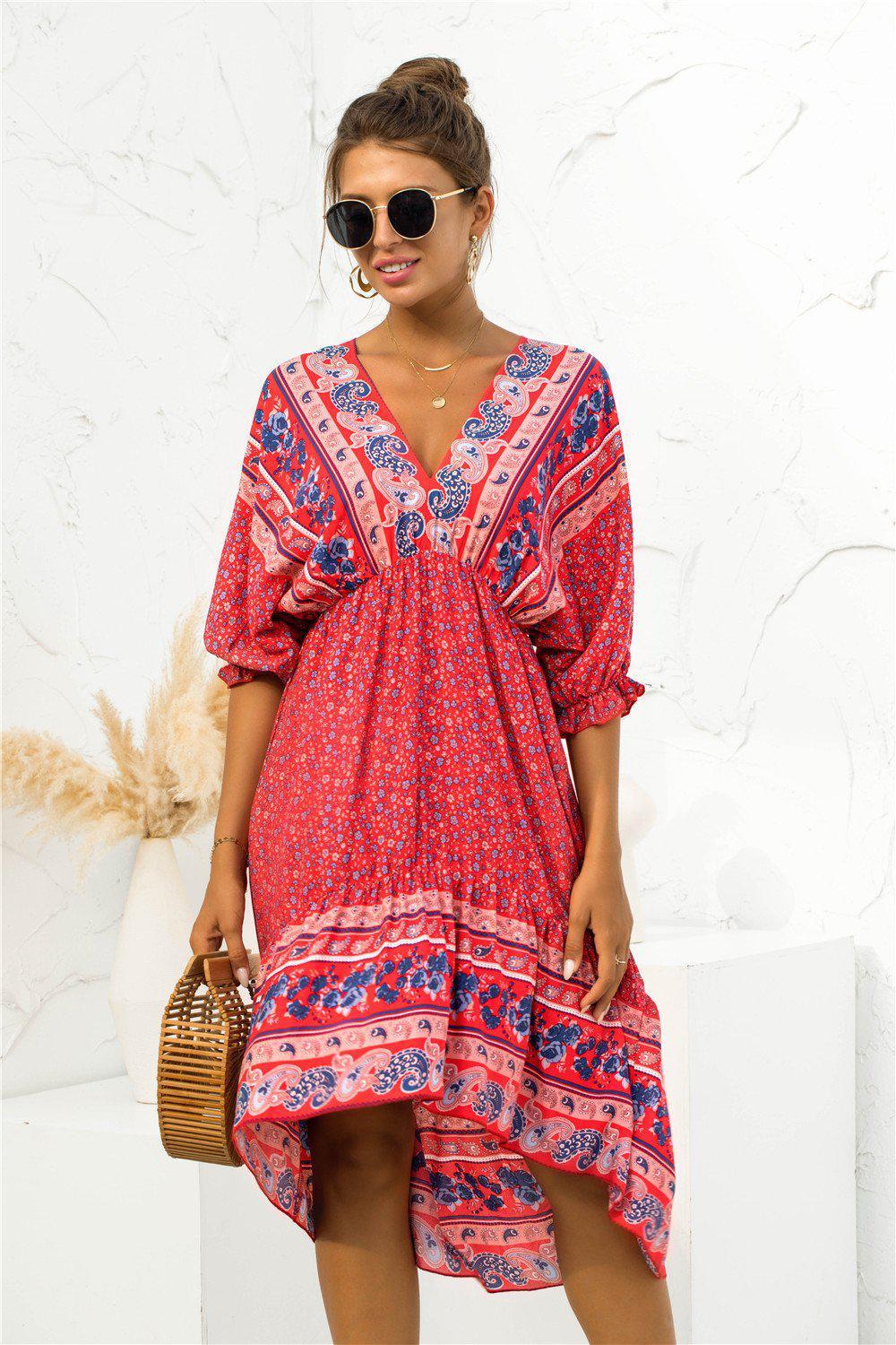 Printed Bohemian V Neck Dress BLUE ZONE PLANET