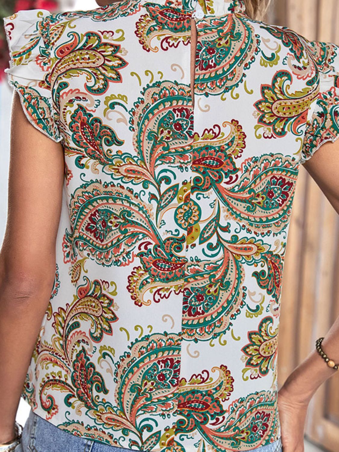 Printed Butterfly Sleeve Keyhole Blouse BLUE ZONE PLANET