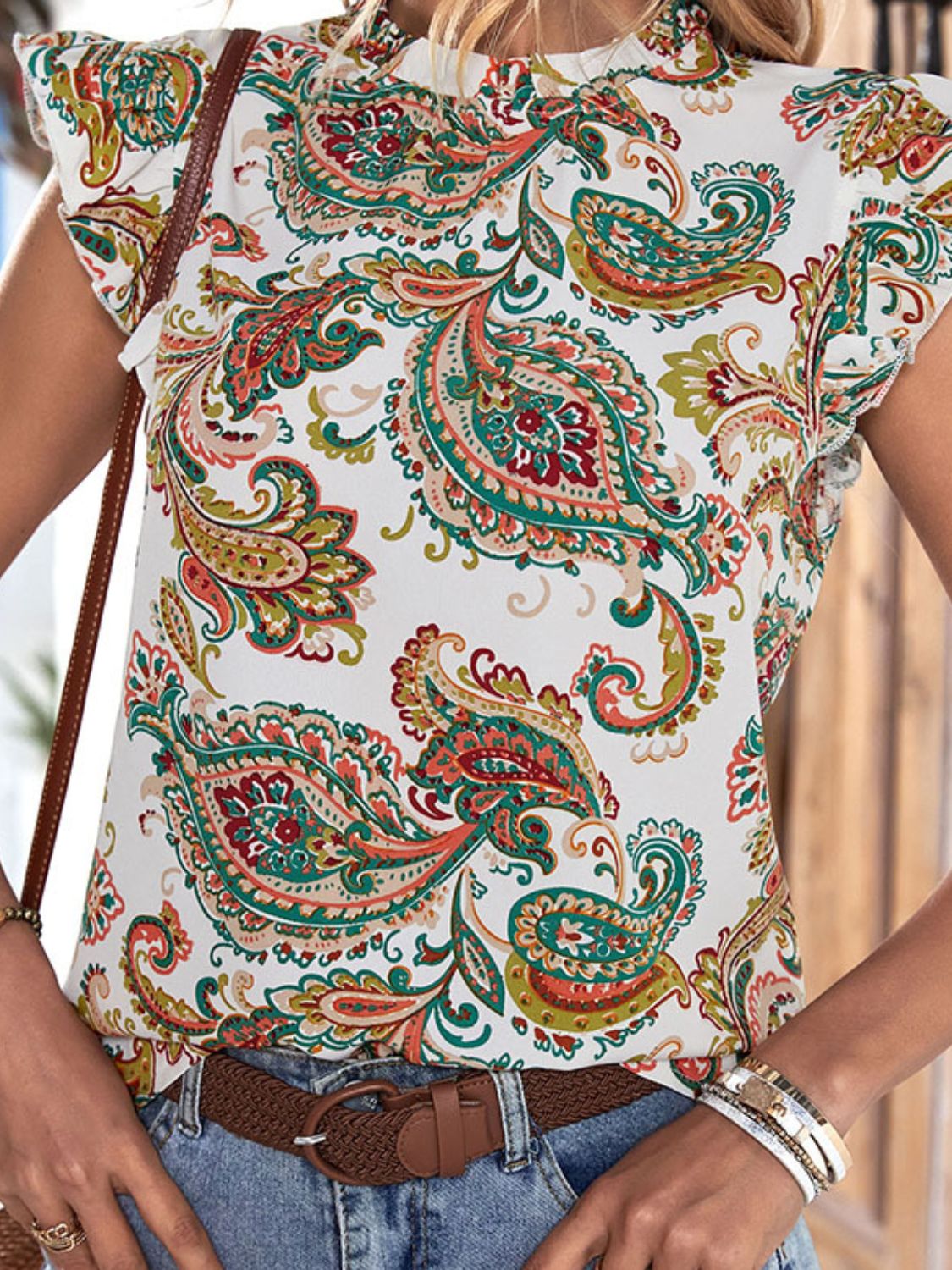 Printed Butterfly Sleeve Keyhole Blouse BLUE ZONE PLANET