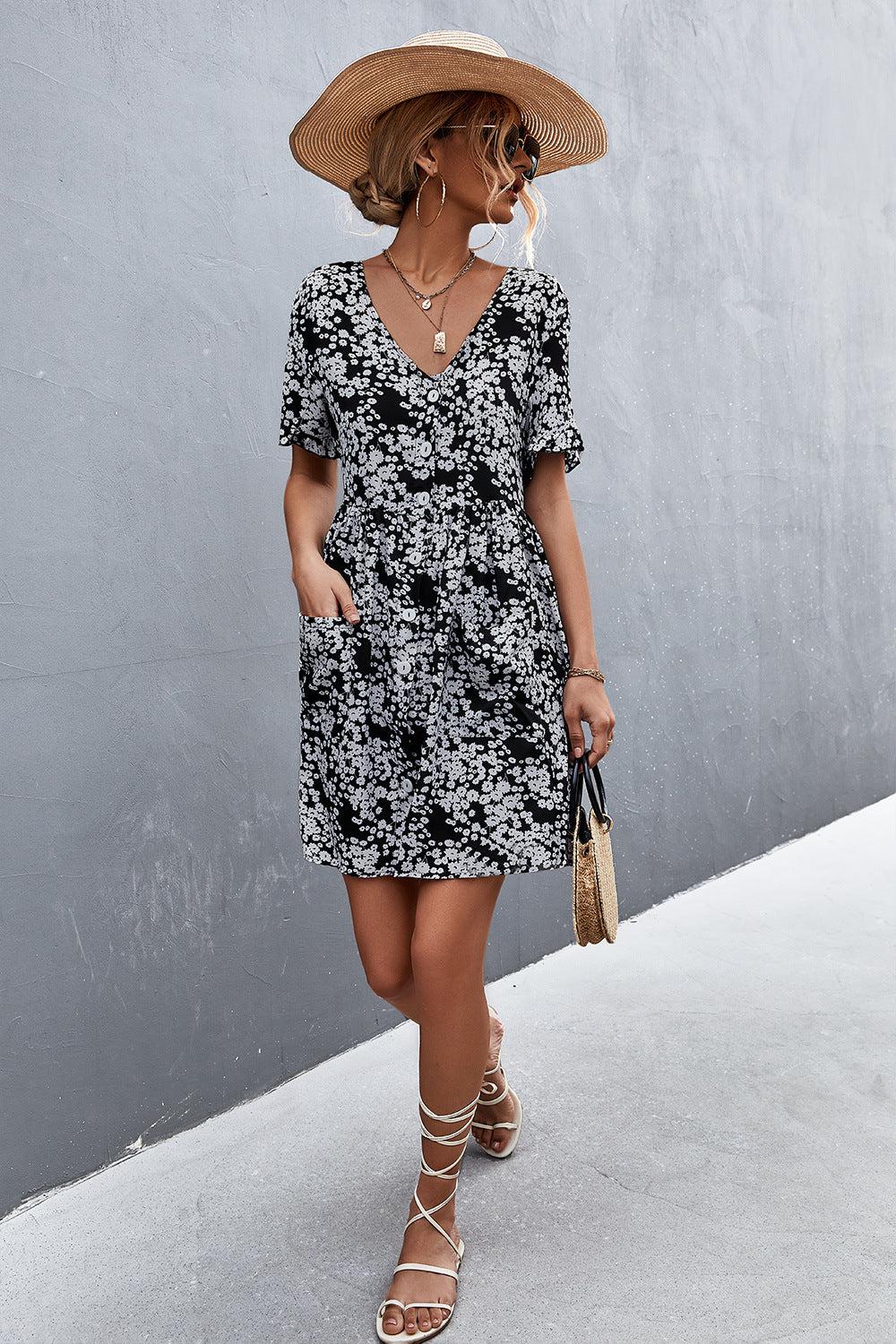 Printed Button down Pocketed Dress BLUE ZONE PLANET