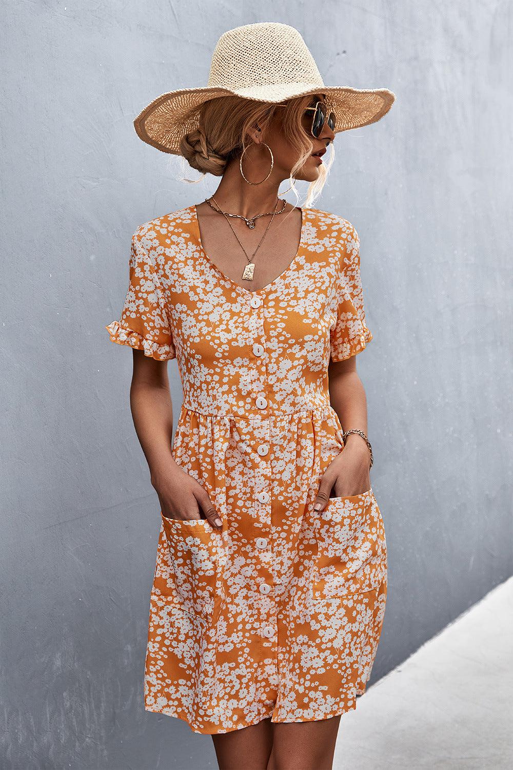Printed Button down Pocketed Dress BLUE ZONE PLANET