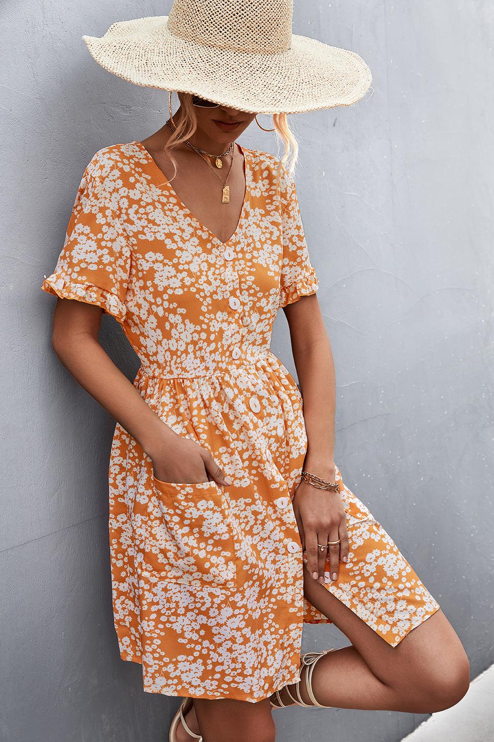 Printed Button down Pocketed Dress BLUE ZONE PLANET