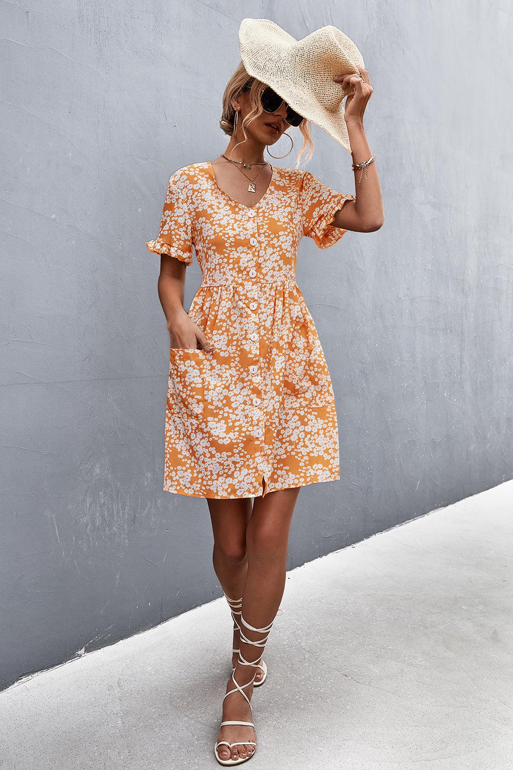 Printed Button down Pocketed Dress BLUE ZONE PLANET