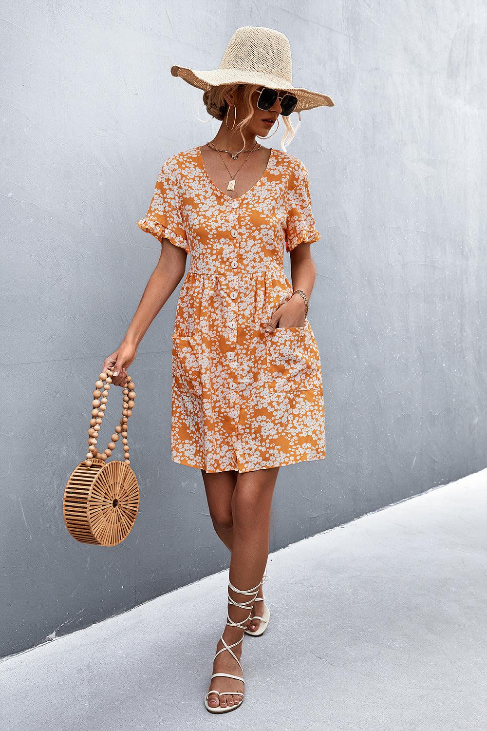 Printed Button down Pocketed Dress BLUE ZONE PLANET