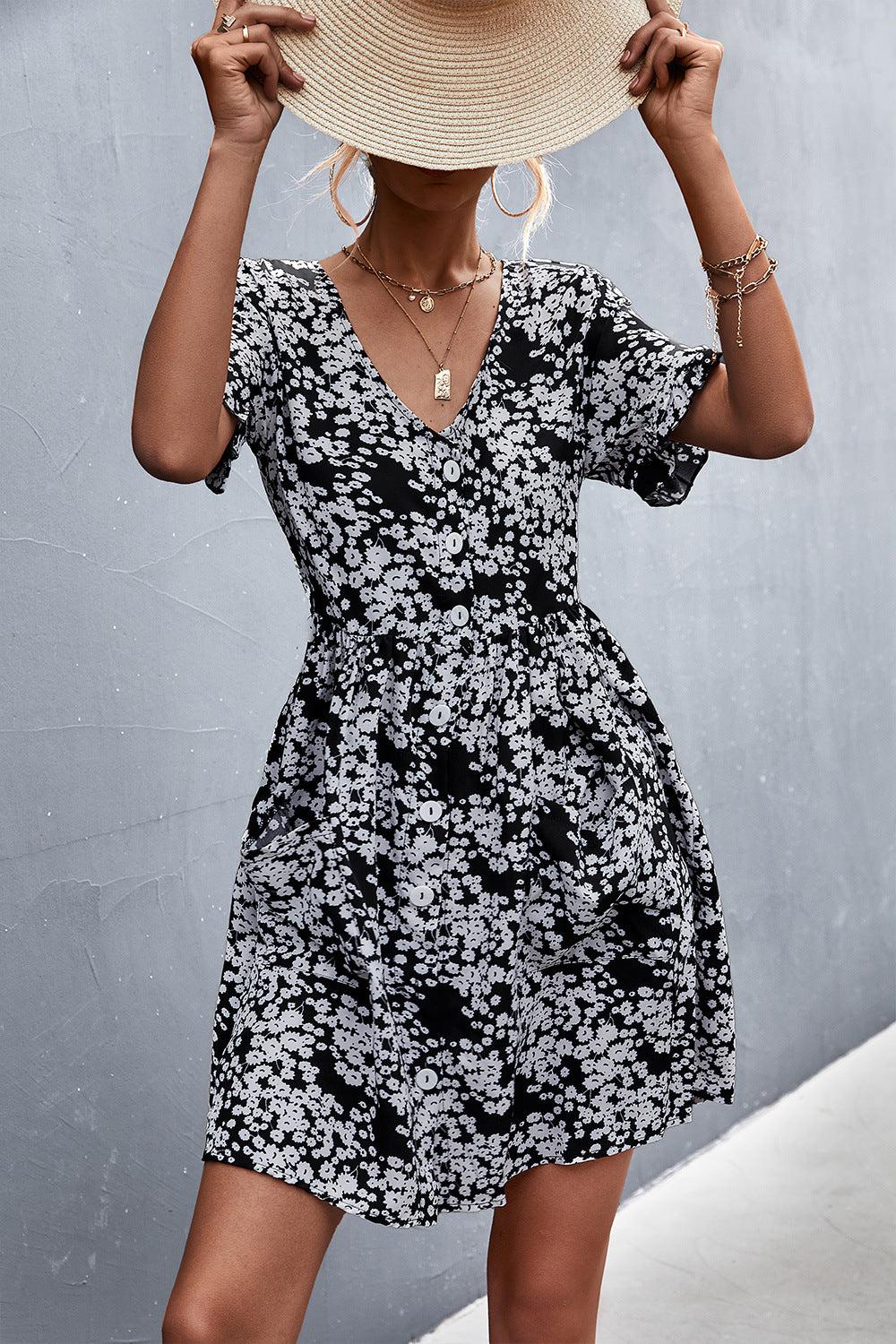 Printed Button down Pocketed Dress BLUE ZONE PLANET