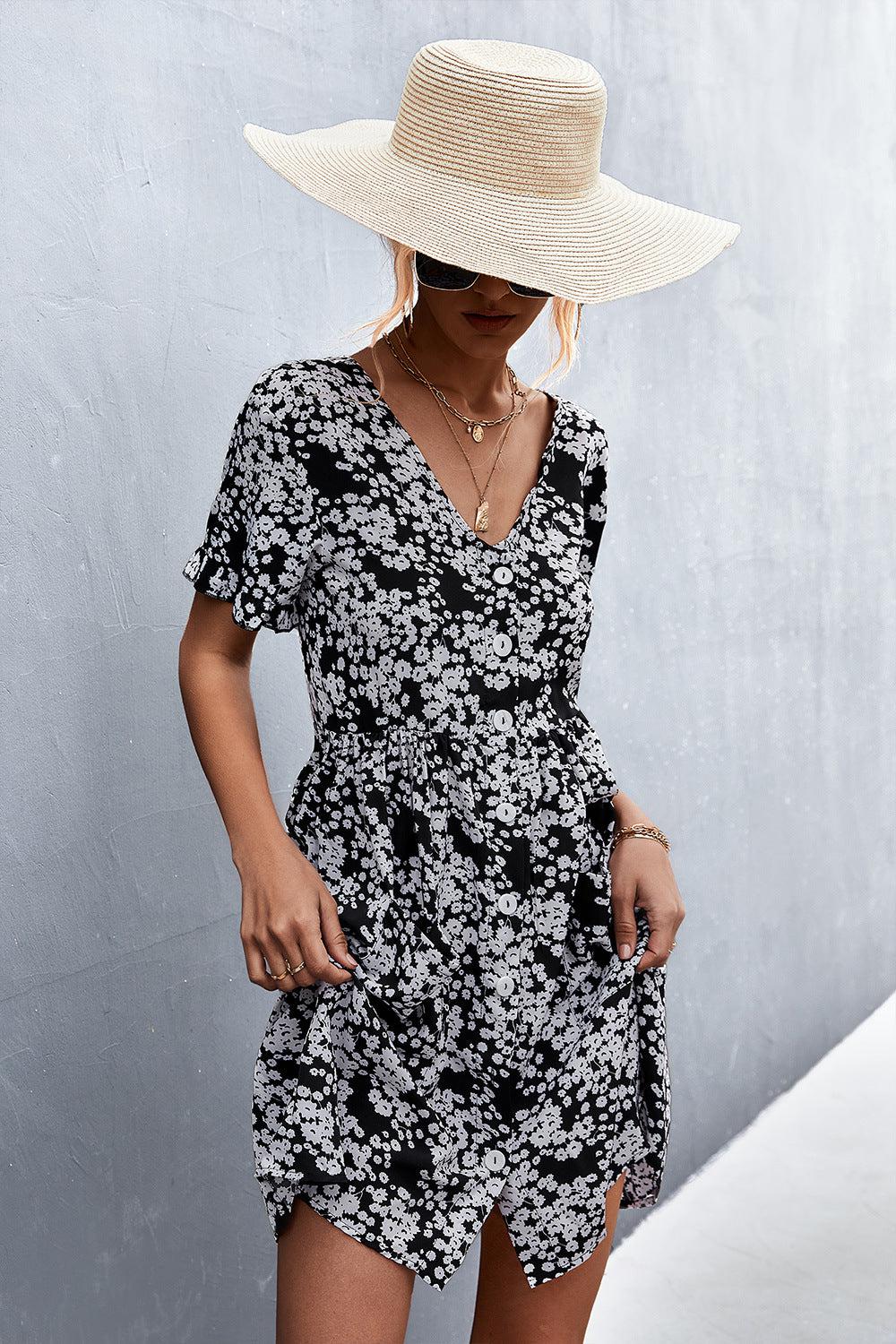 Printed Button down Pocketed Dress BLUE ZONE PLANET