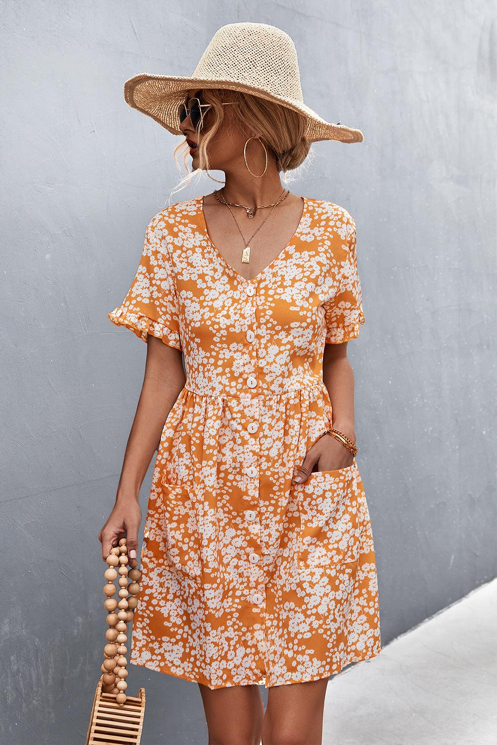 Printed Button down Pocketed Dress BLUE ZONE PLANET