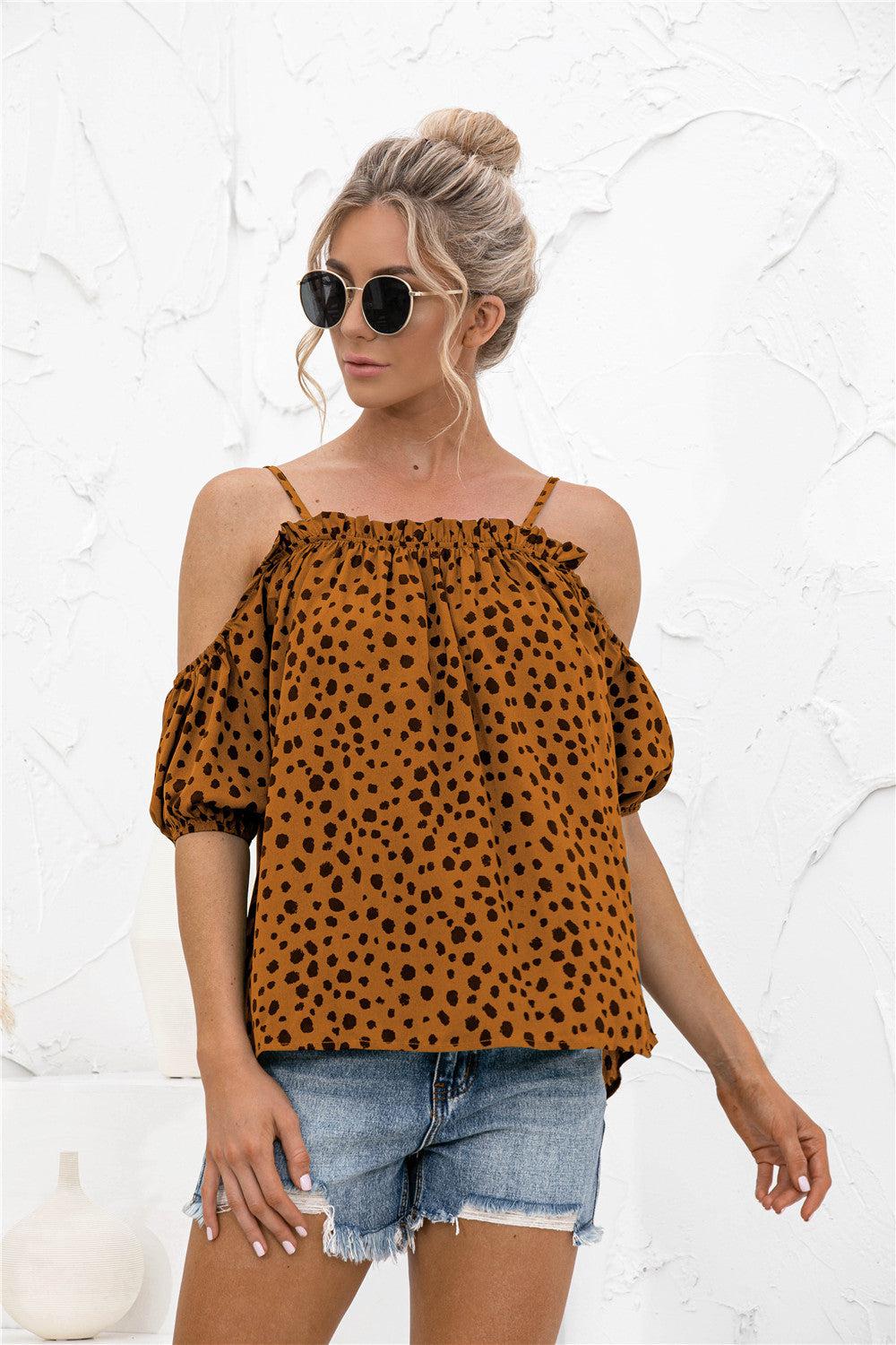 Printed Cold-Shoulder Frill Trim Blouse BLUE ZONE PLANET