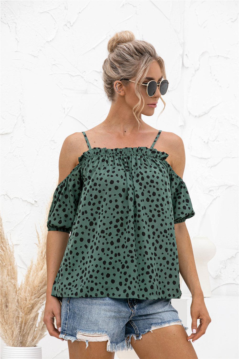 Printed Cold-Shoulder Frill Trim Blouse BLUE ZONE PLANET