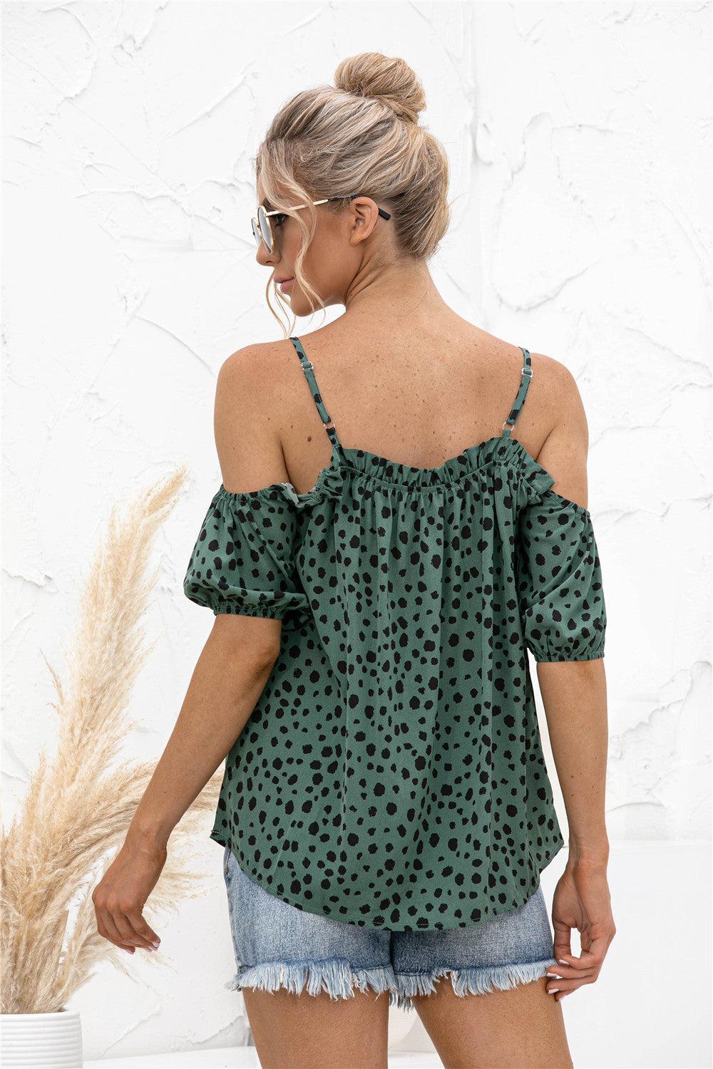 Printed Cold-Shoulder Frill Trim Blouse BLUE ZONE PLANET
