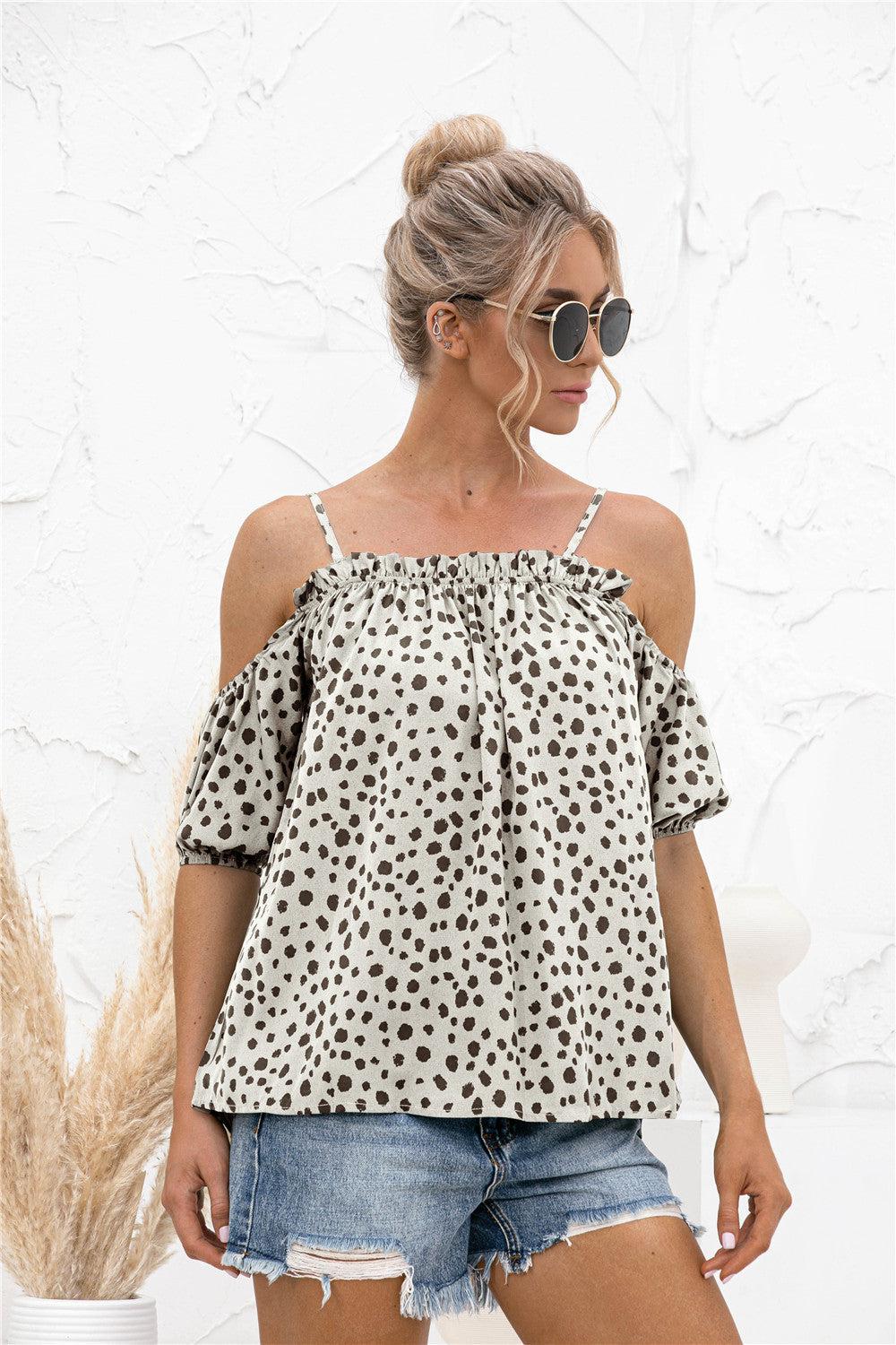 Printed Cold-Shoulder Frill Trim Blouse BLUE ZONE PLANET