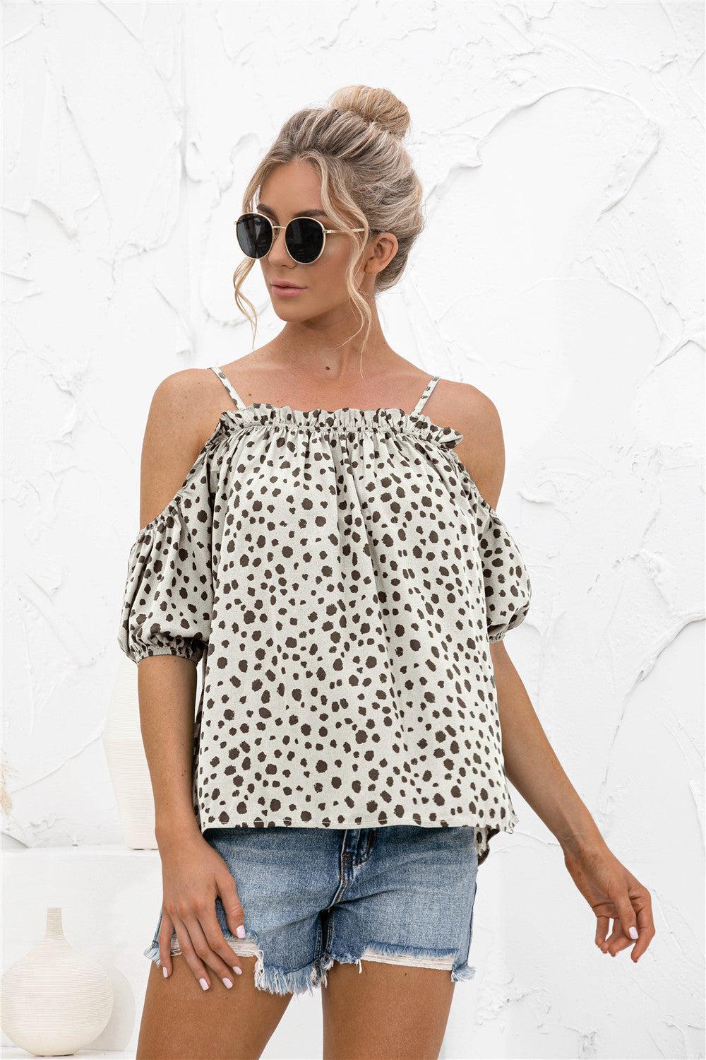 Printed Cold-Shoulder Frill Trim Blouse BLUE ZONE PLANET