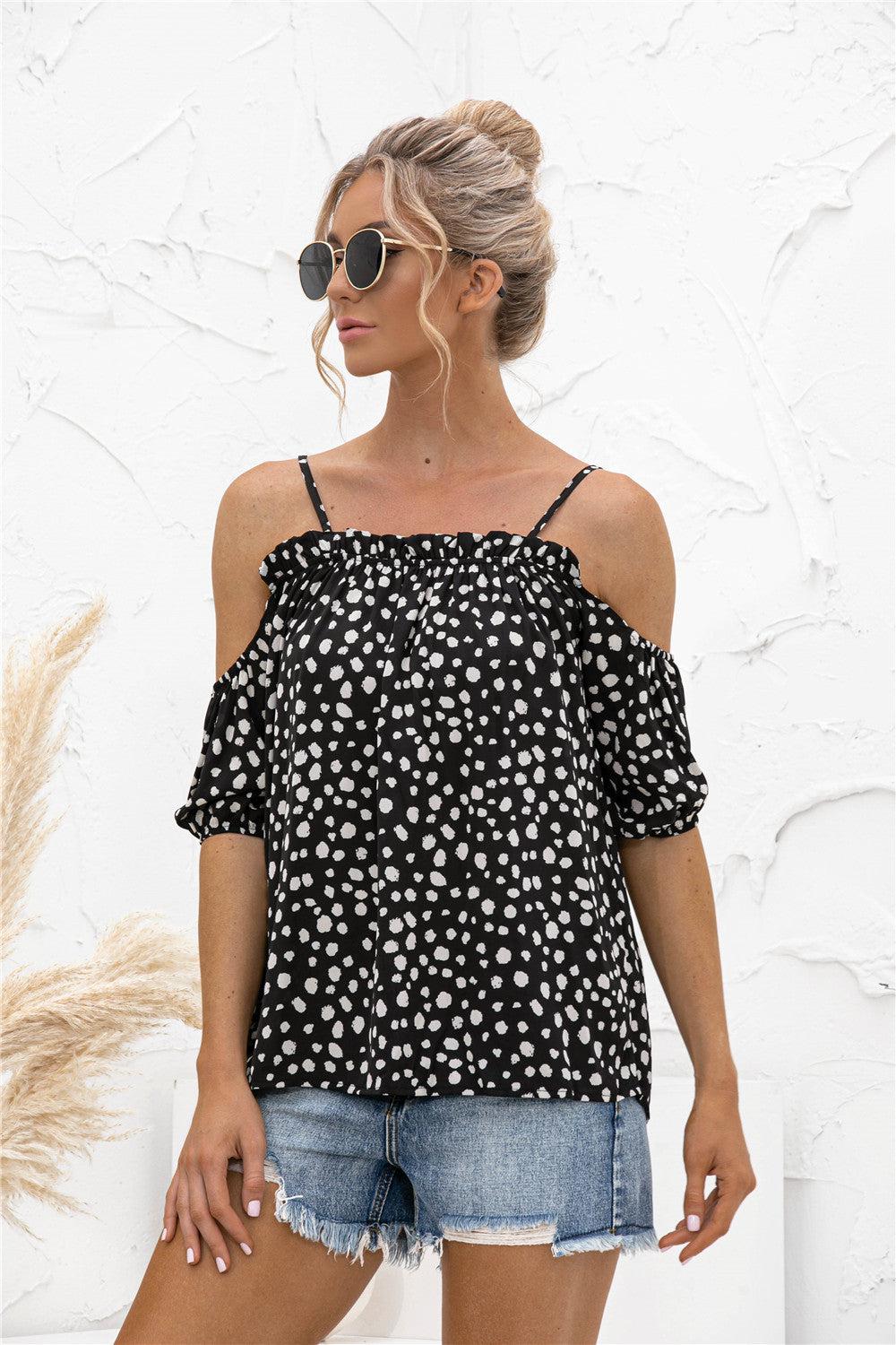 Printed Cold-Shoulder Frill Trim Blouse BLUE ZONE PLANET