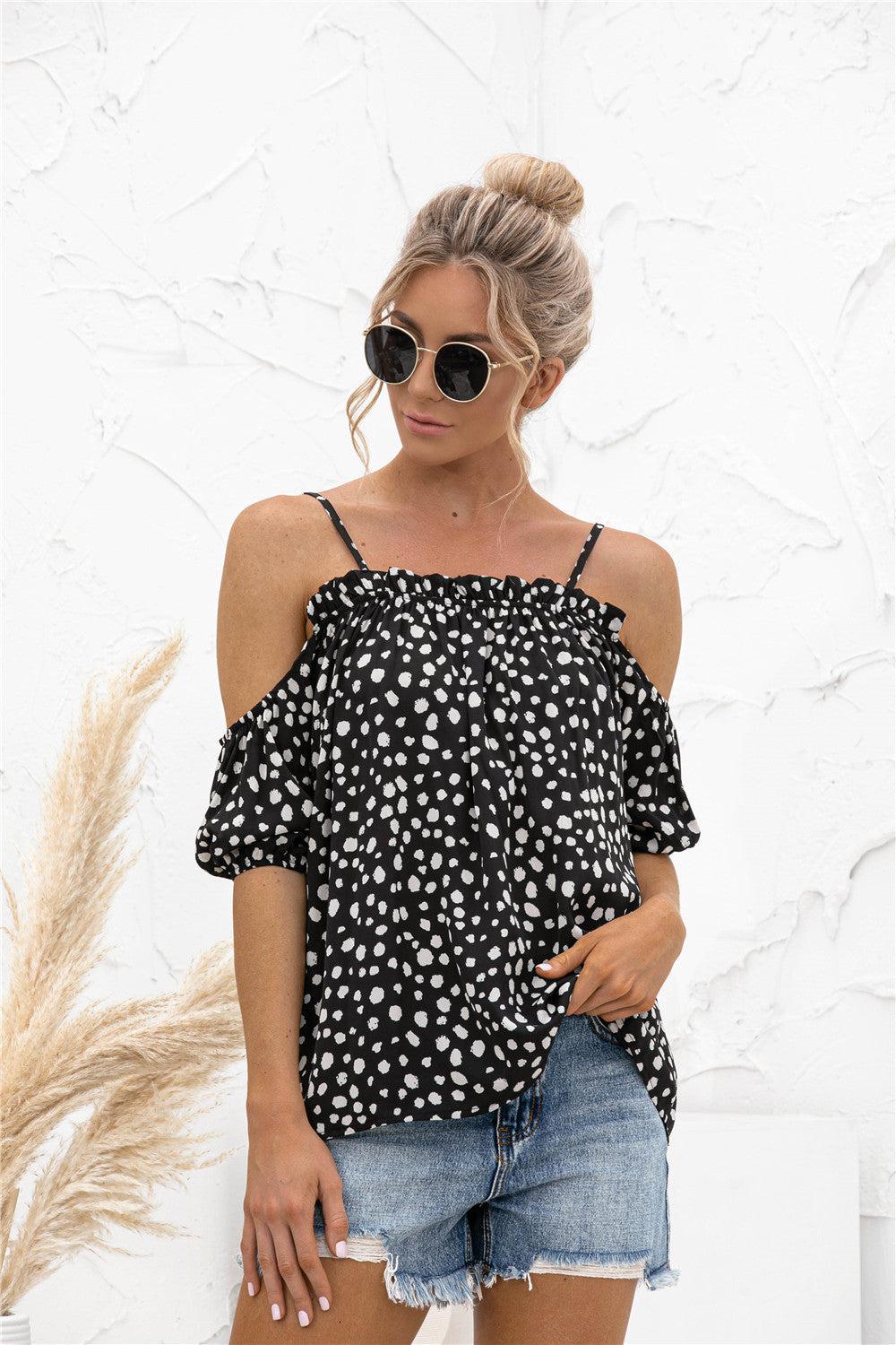 Printed Cold-Shoulder Frill Trim Blouse BLUE ZONE PLANET