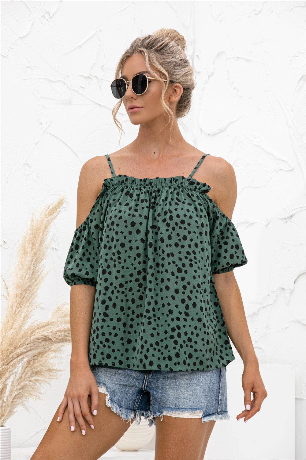 Printed Cold-Shoulder Frill Trim Blouse BLUE ZONE PLANET