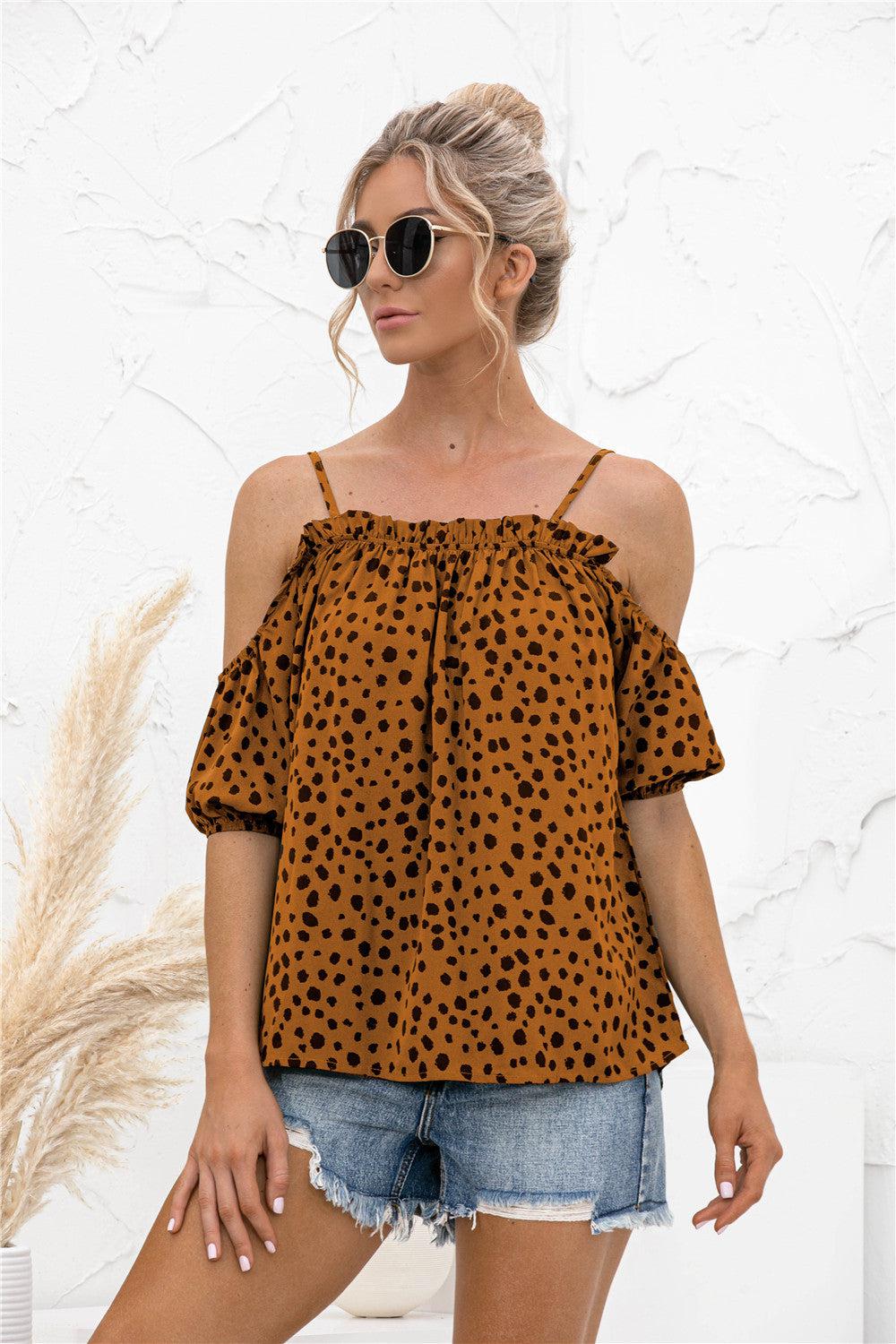 Printed Cold-Shoulder Frill Trim Blouse BLUE ZONE PLANET