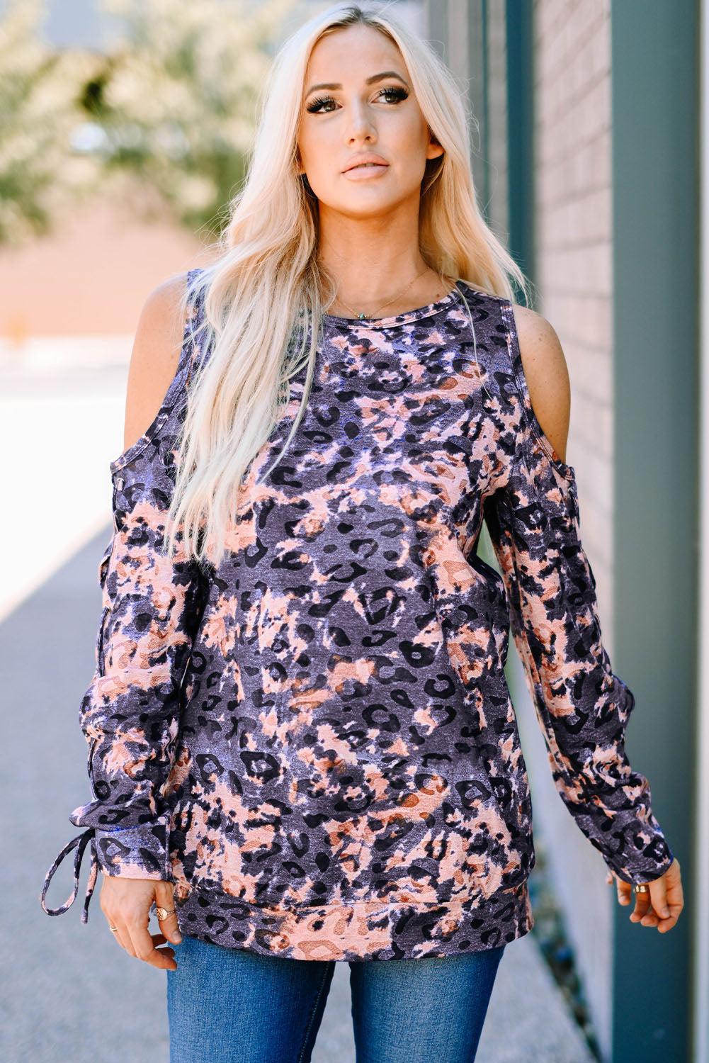 Printed Cold-Shoulder Lace-Up Top BLUE ZONE PLANET
