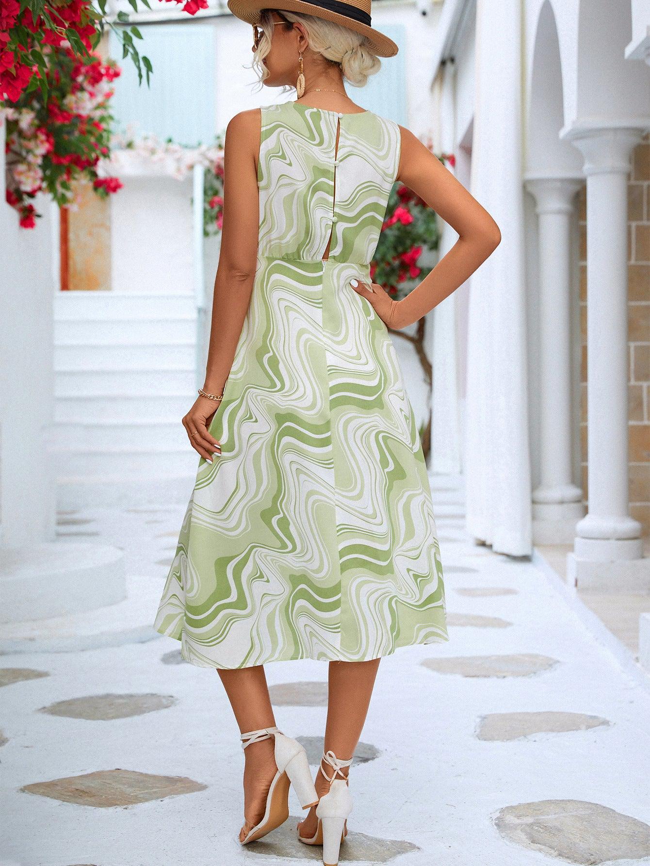 Printed Cowl Neck Sleeveless Dress BLUE ZONE PLANET