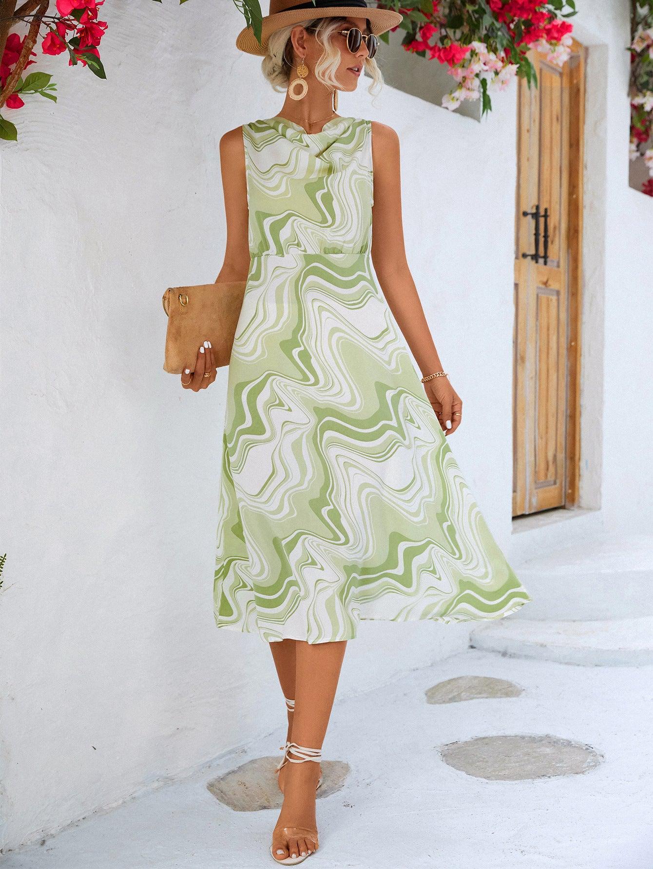 Printed Cowl Neck Sleeveless Dress BLUE ZONE PLANET