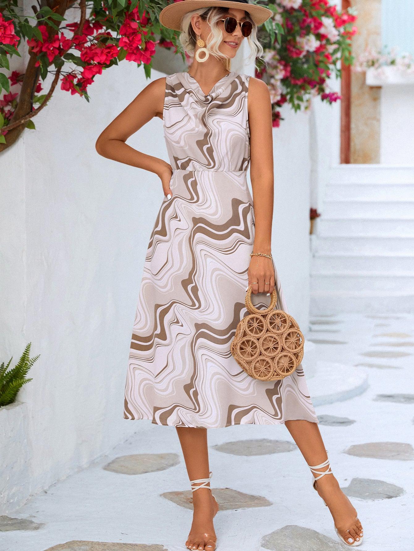 Printed Cowl Neck Sleeveless Dress BLUE ZONE PLANET