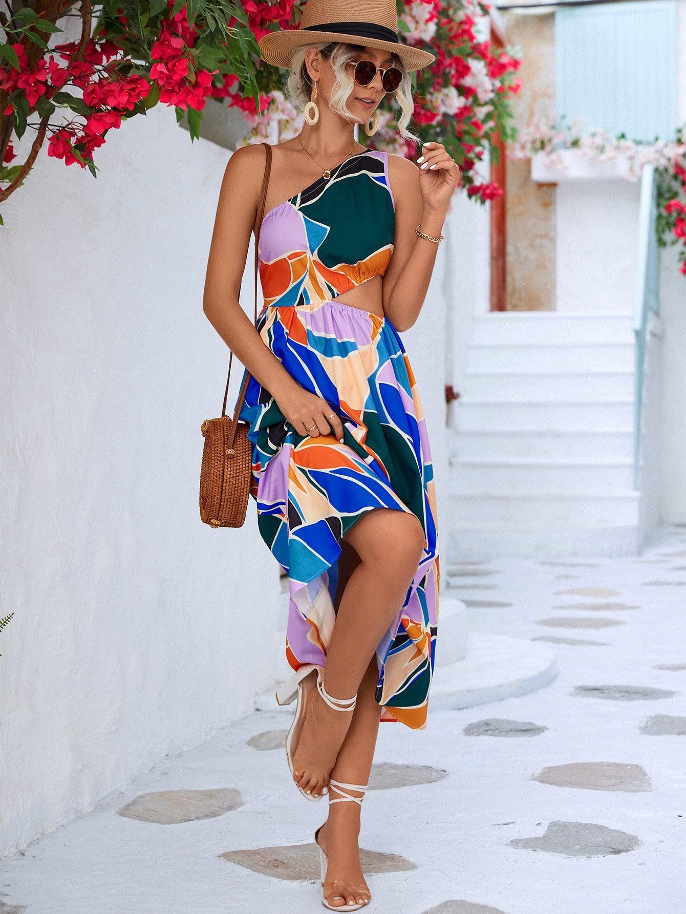 Printed Cutout One-Shoulder Sleeveless Dress BLUE ZONE PLANET