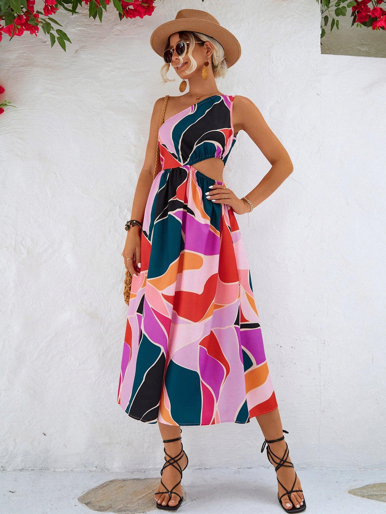 Printed Cutout One-Shoulder Sleeveless Dress BLUE ZONE PLANET