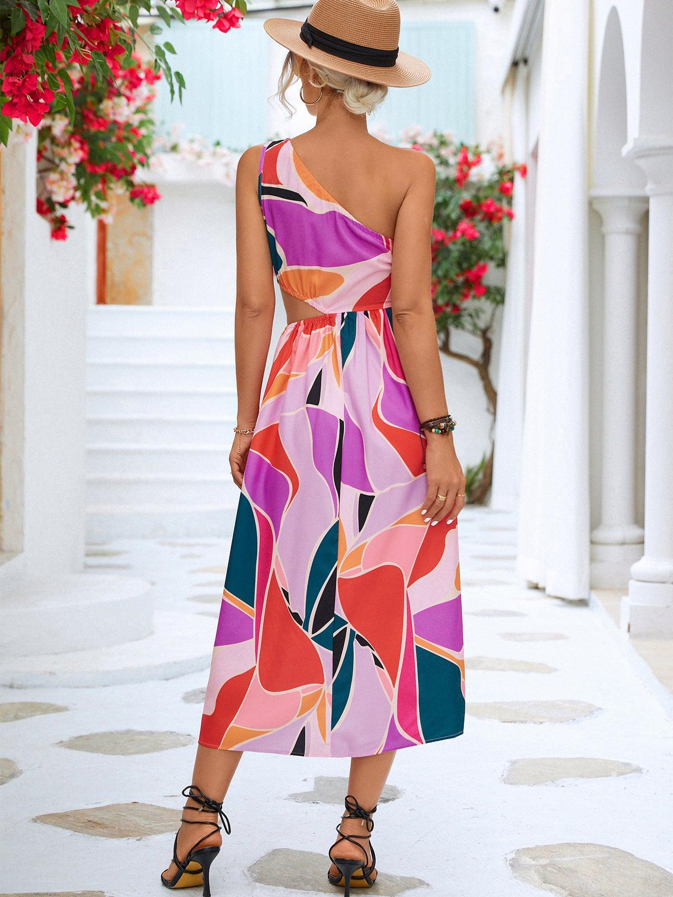 Printed Cutout One-Shoulder Sleeveless Dress BLUE ZONE PLANET