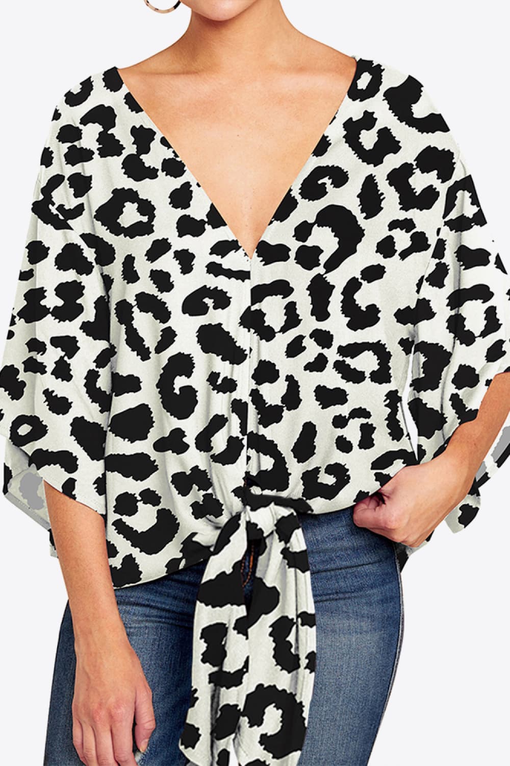 Printed Deep V Tie Hem Blouse BLUE ZONE PLANET