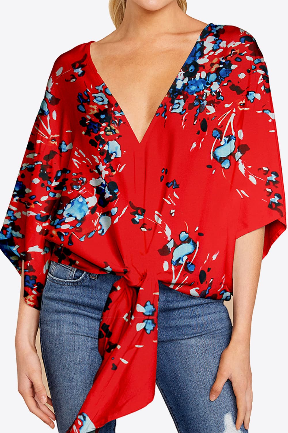 Printed Deep V Tie Hem Blouse BLUE ZONE PLANET