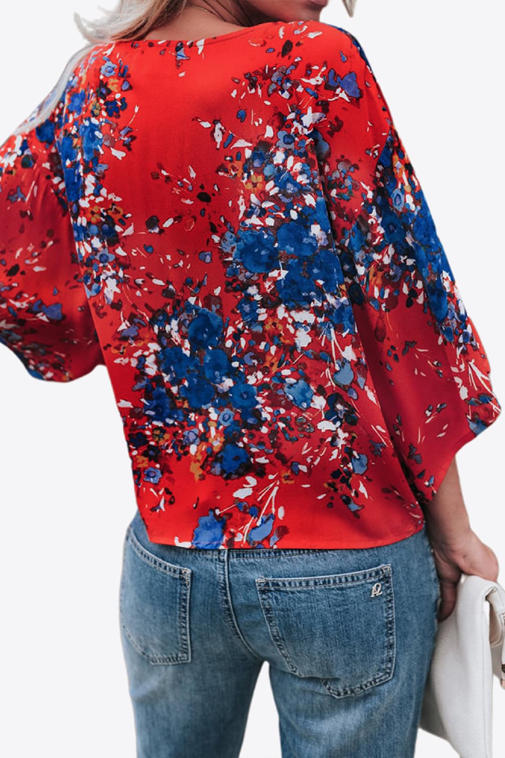 Printed Deep V Tie Hem Blouse BLUE ZONE PLANET