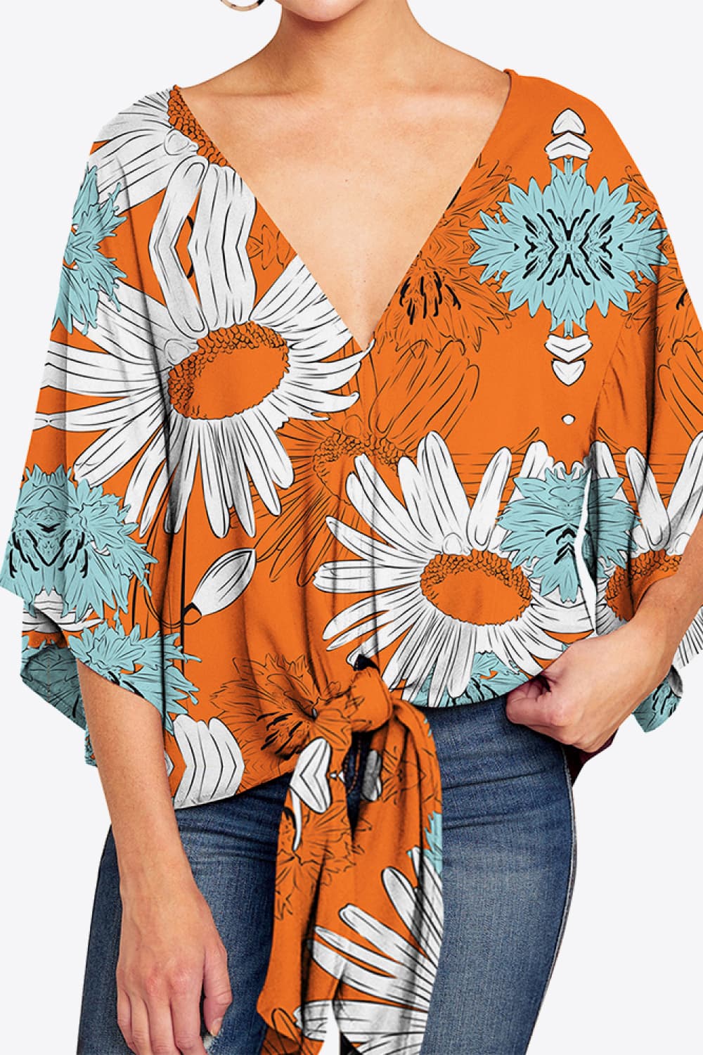 Printed Deep V Tie Hem Blouse BLUE ZONE PLANET