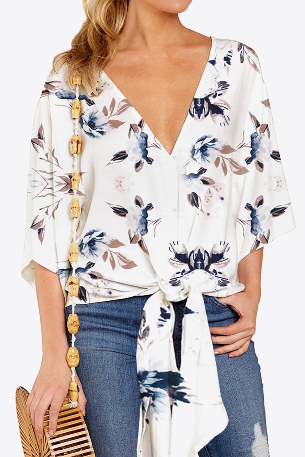 Printed Deep V Tie Hem Blouse BLUE ZONE PLANET