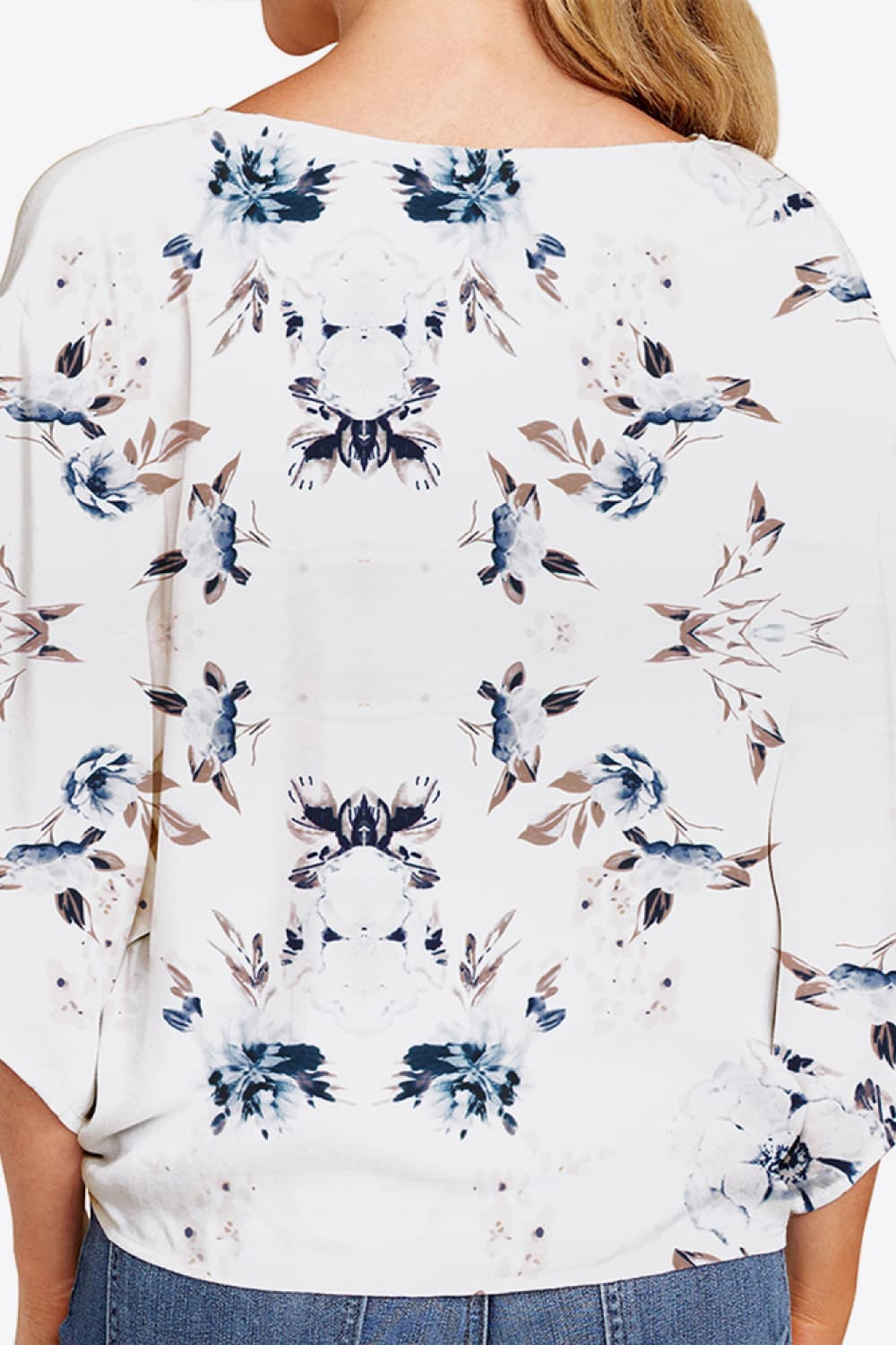 Printed Deep V Tie Hem Blouse BLUE ZONE PLANET