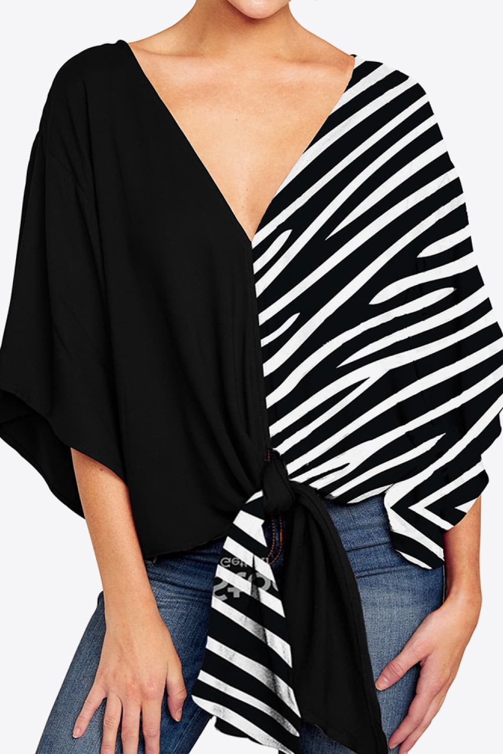 Printed Deep V Tie Hem Blouse BLUE ZONE PLANET