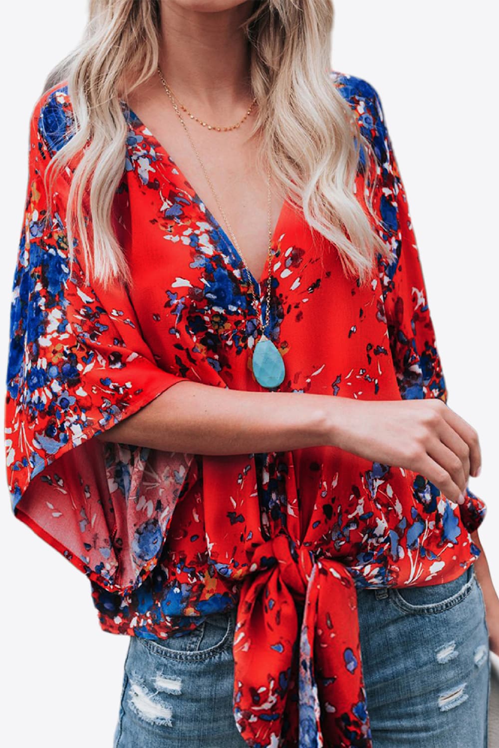 Printed Deep V Tie Hem Blouse BLUE ZONE PLANET