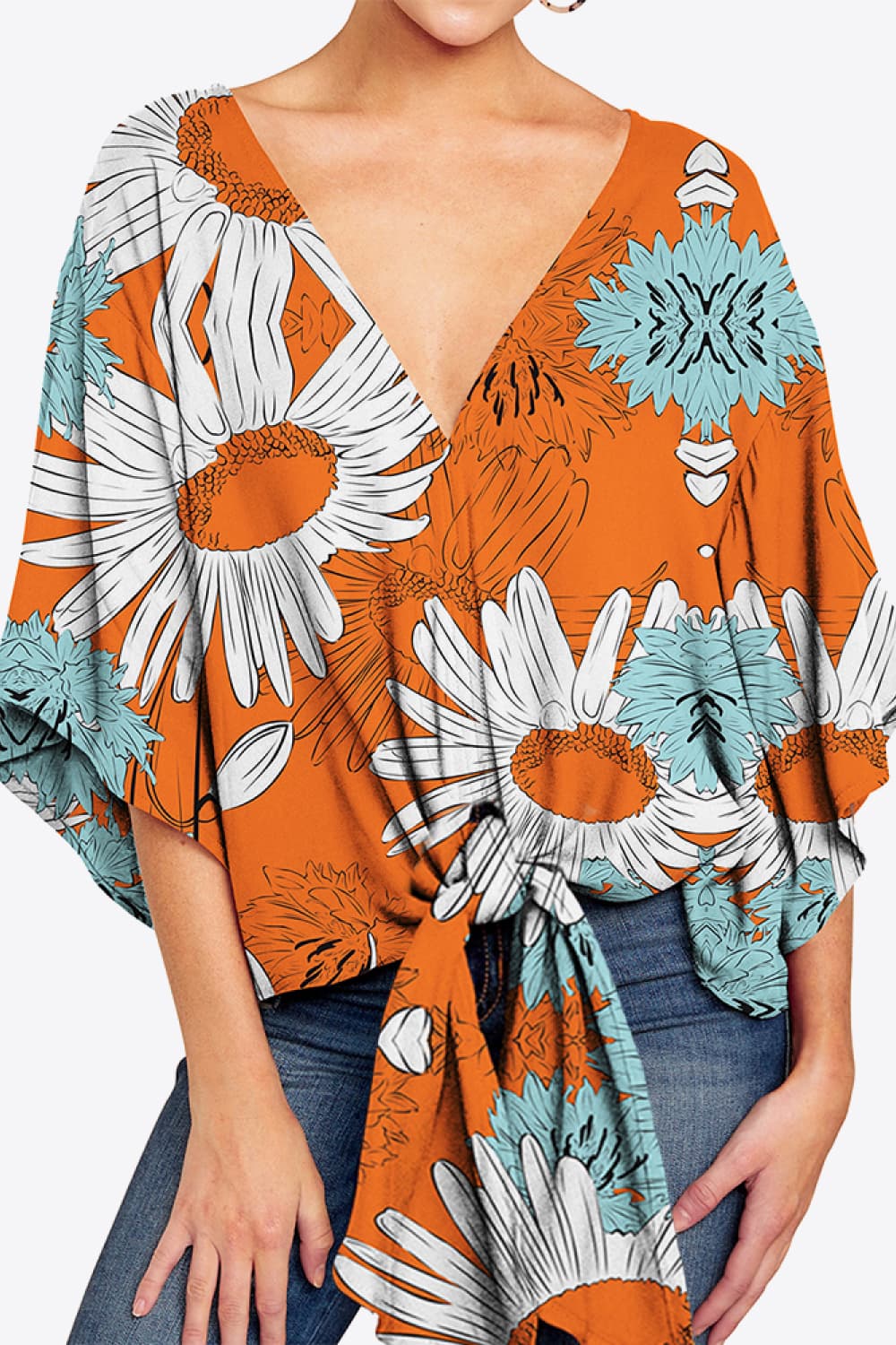 Printed Deep V Tie Hem Blouse BLUE ZONE PLANET