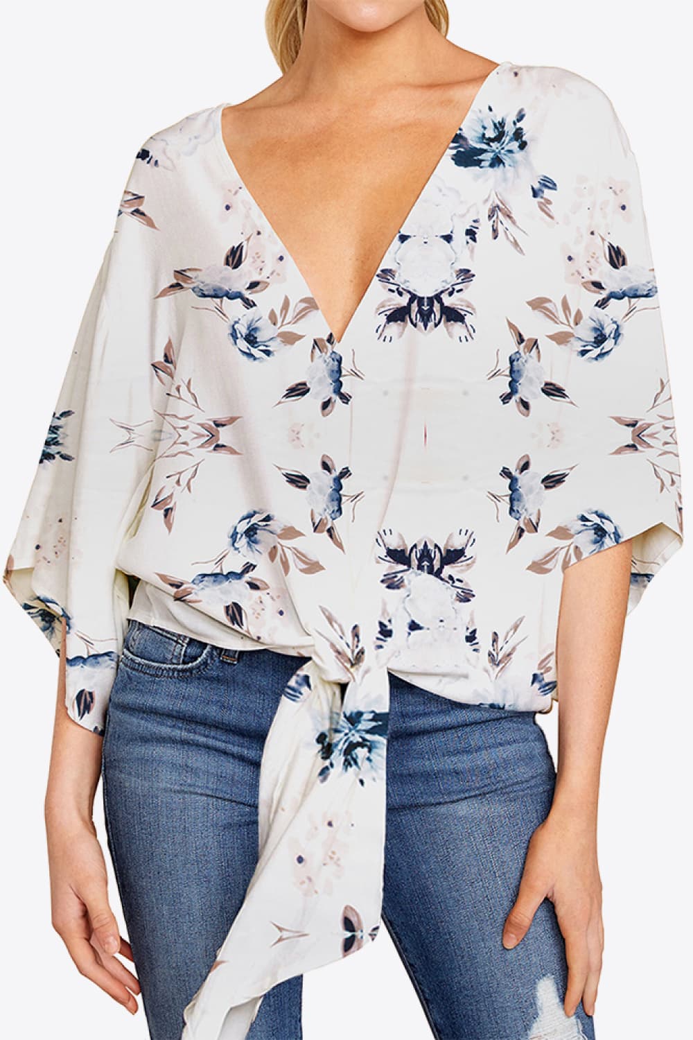 Printed Deep V Tie Hem Blouse BLUE ZONE PLANET