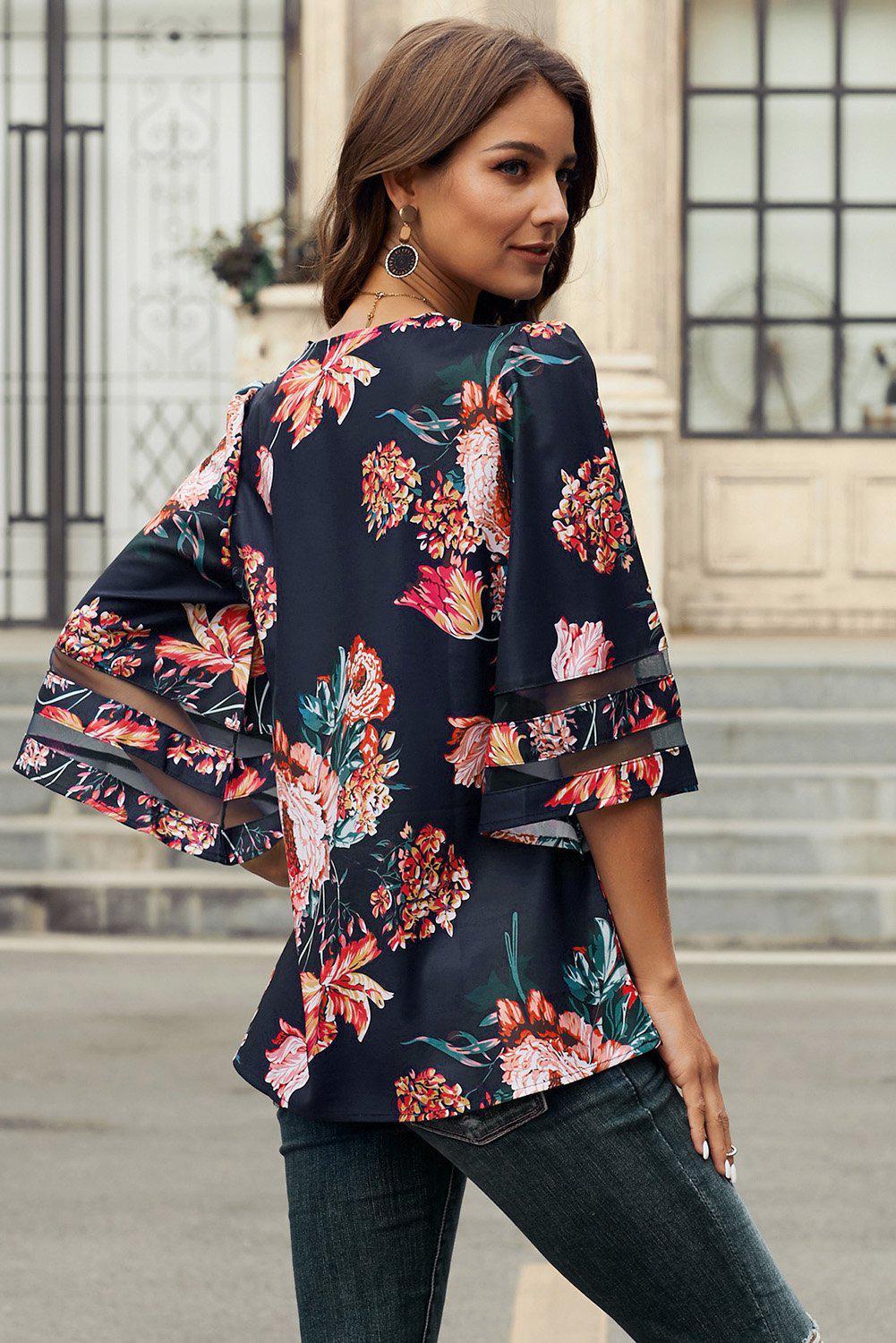 Printed Flare Sleeve Top BLUE ZONE PLANET