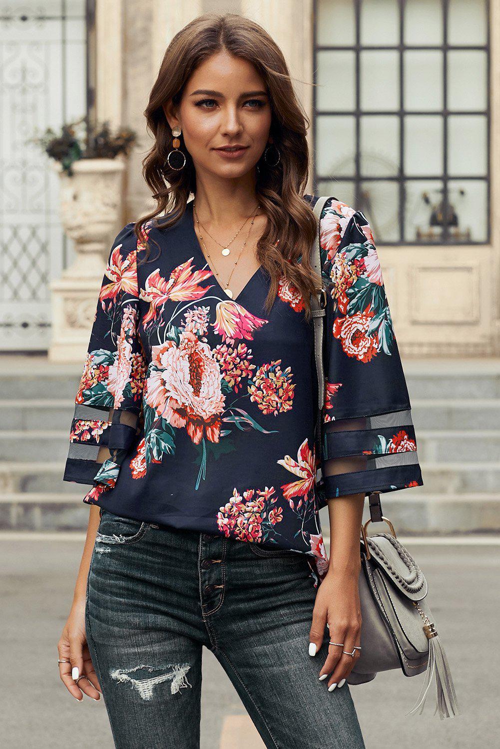 Printed Flare Sleeve Top BLUE ZONE PLANET