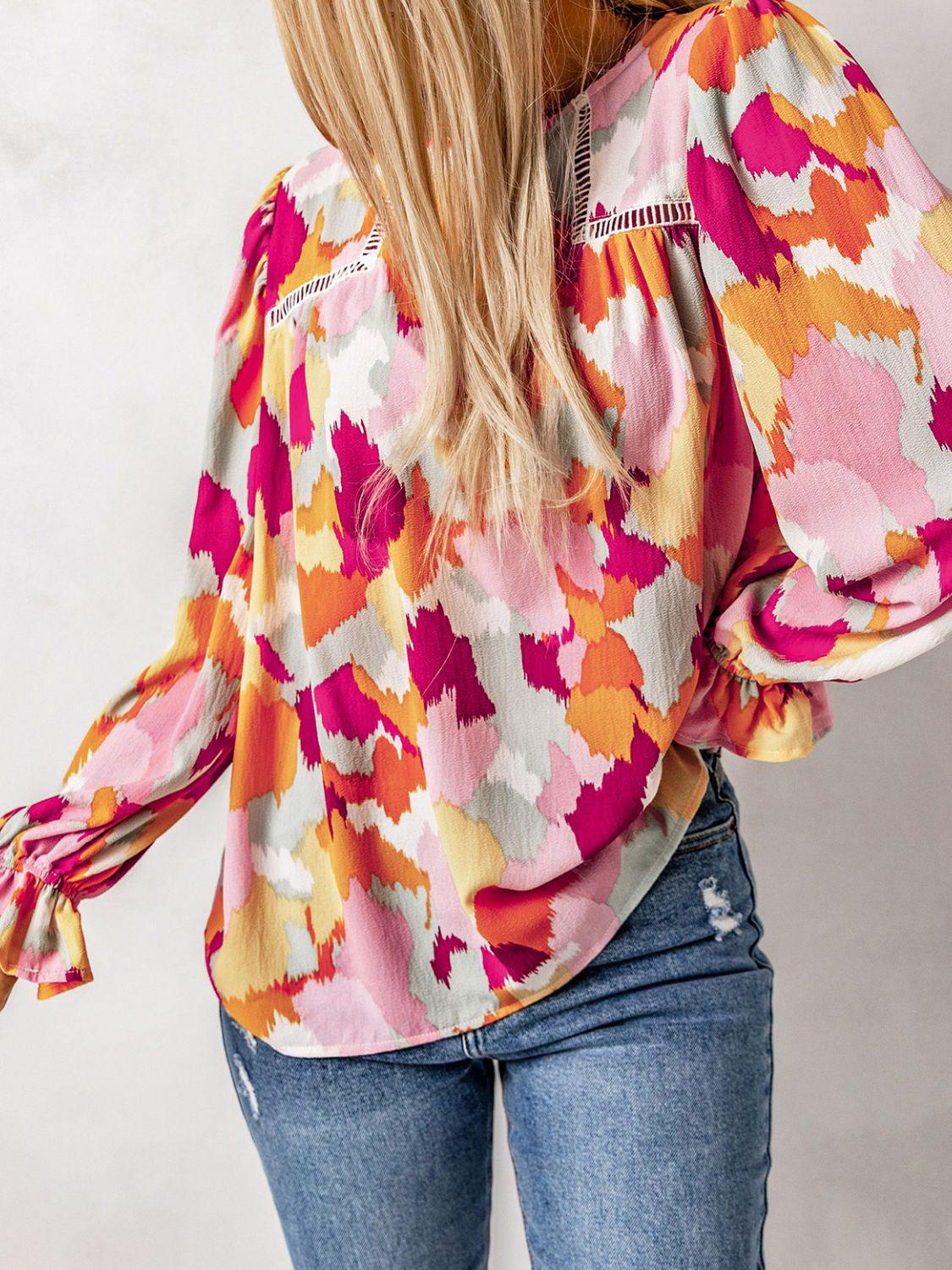 Printed Flounce Sleeve Buttoned Blouse BLUE ZONE PLANET