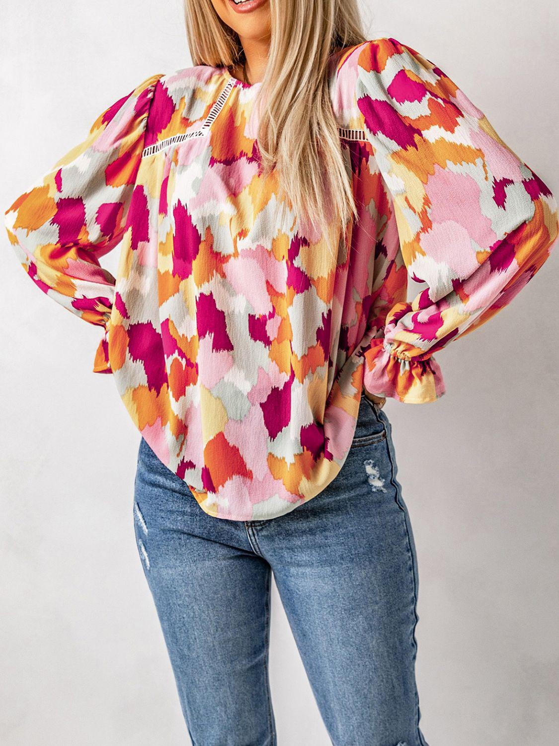 Printed Flounce Sleeve Buttoned Blouse BLUE ZONE PLANET