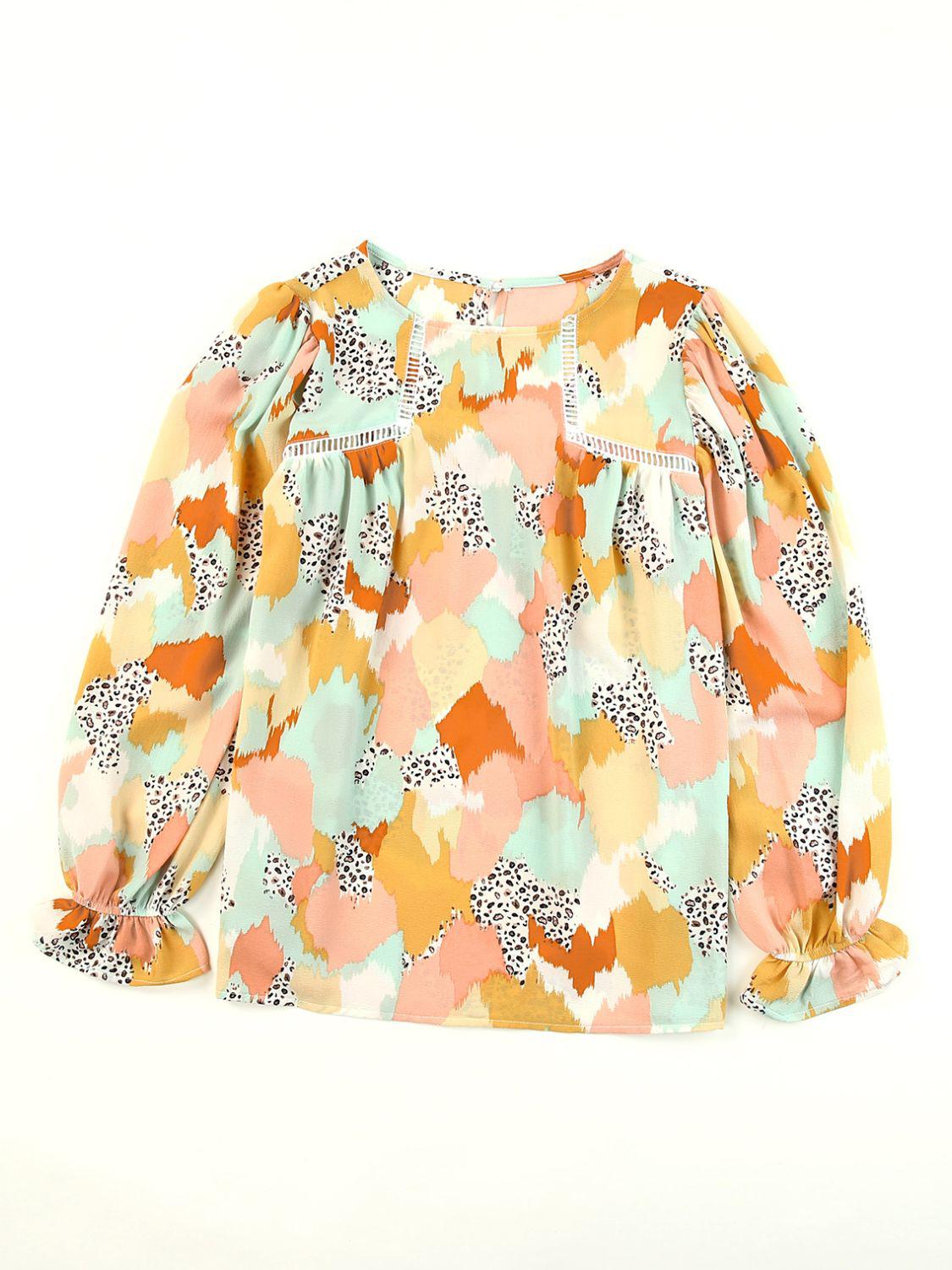 Printed Flounce Sleeve Buttoned Blouse BLUE ZONE PLANET
