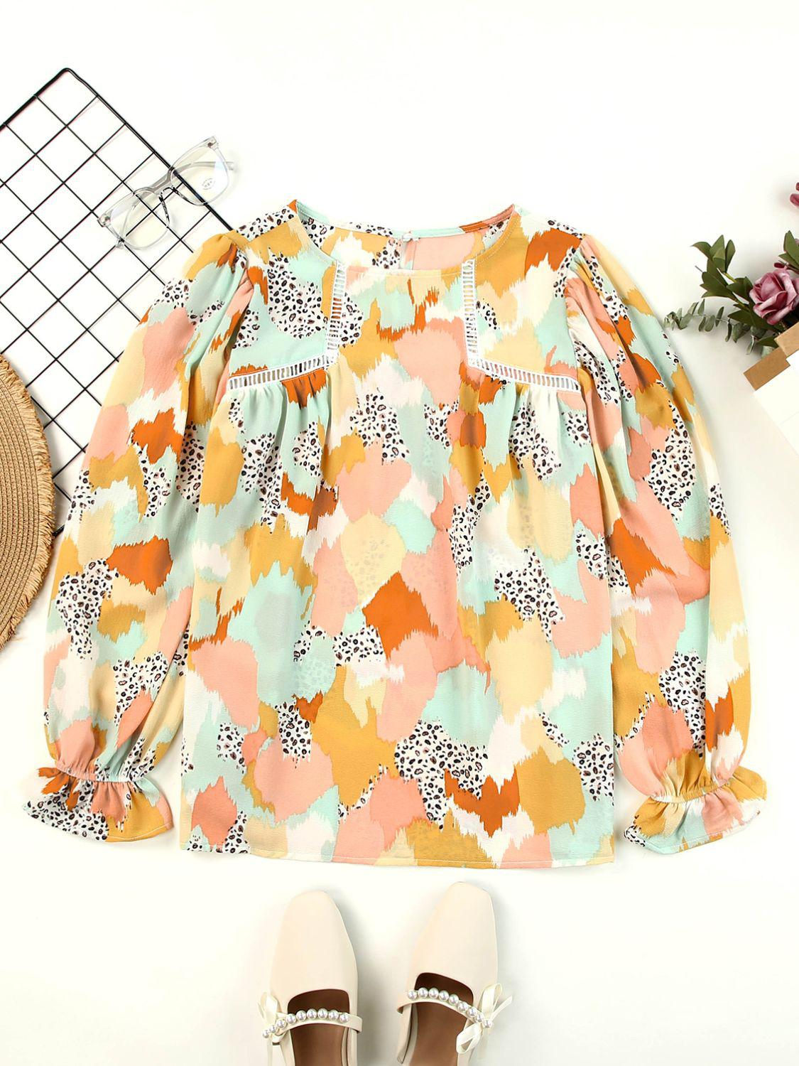 Printed Flounce Sleeve Buttoned Blouse BLUE ZONE PLANET