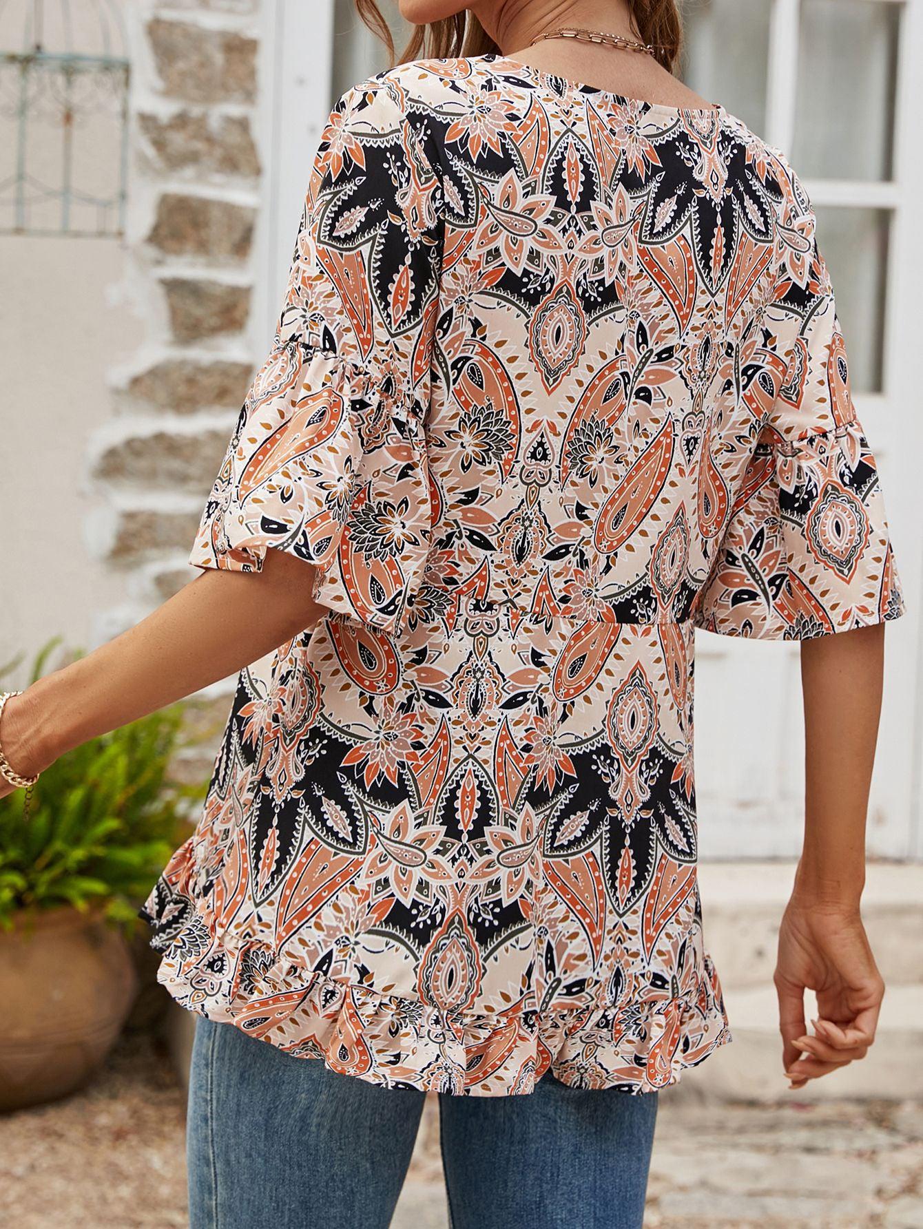Printed Flounce Sleeve Ruffle Hem Blouse BLUE ZONE PLANET