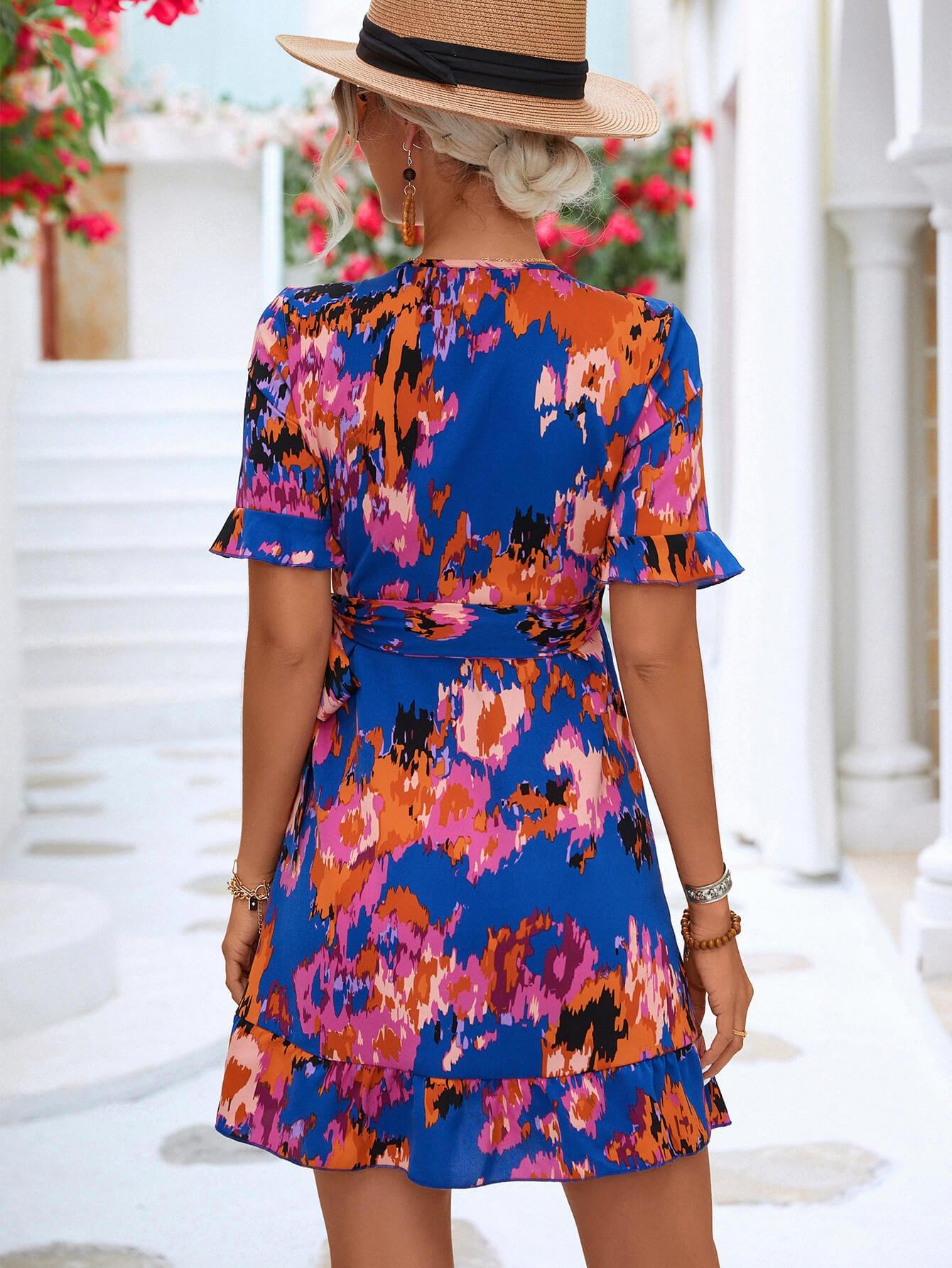 Printed Flounce Sleeve Tied Dress BLUE ZONE PLANET